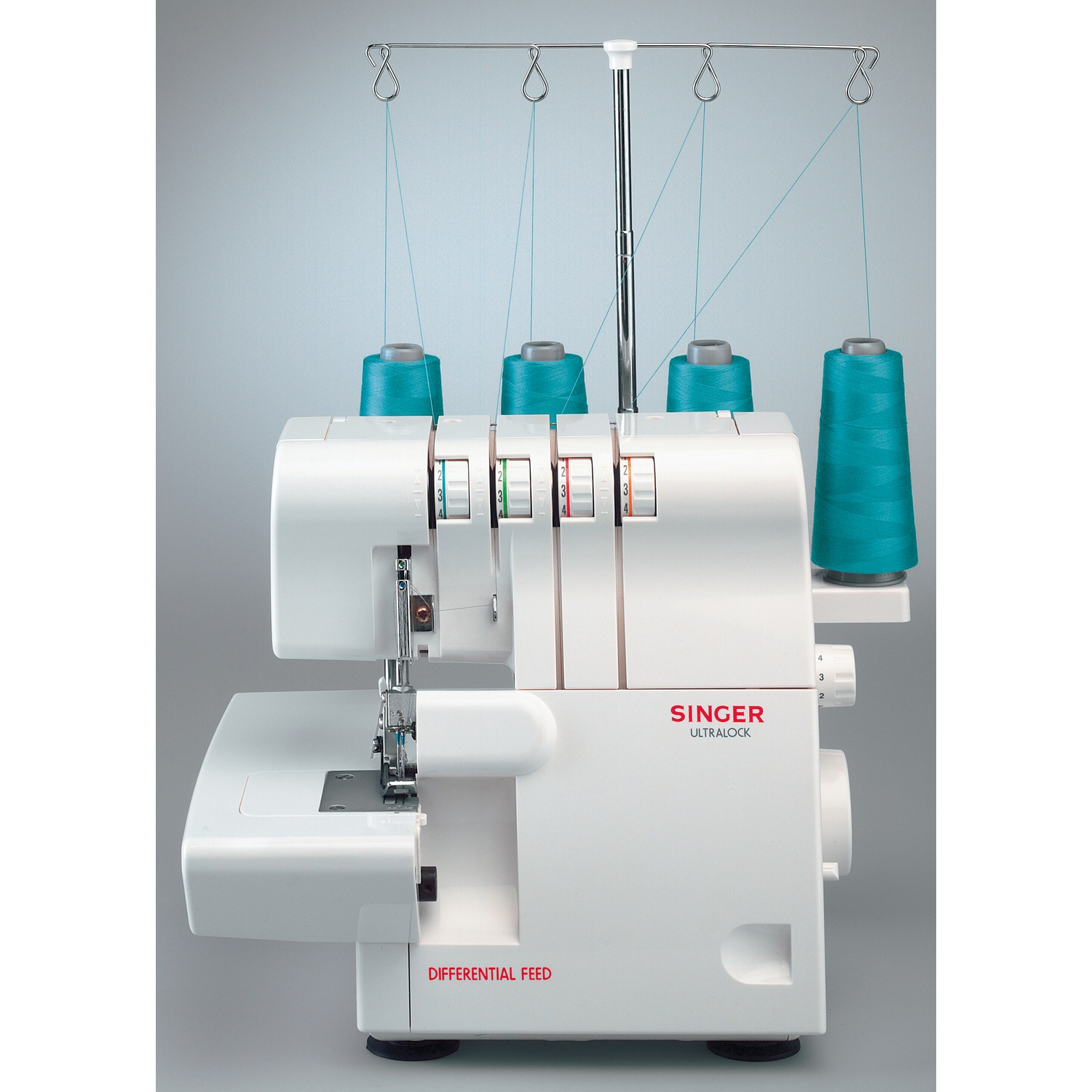 A white Singer Ultralock serger machine with teal thread spools, metal thread guides, and differential feed text.