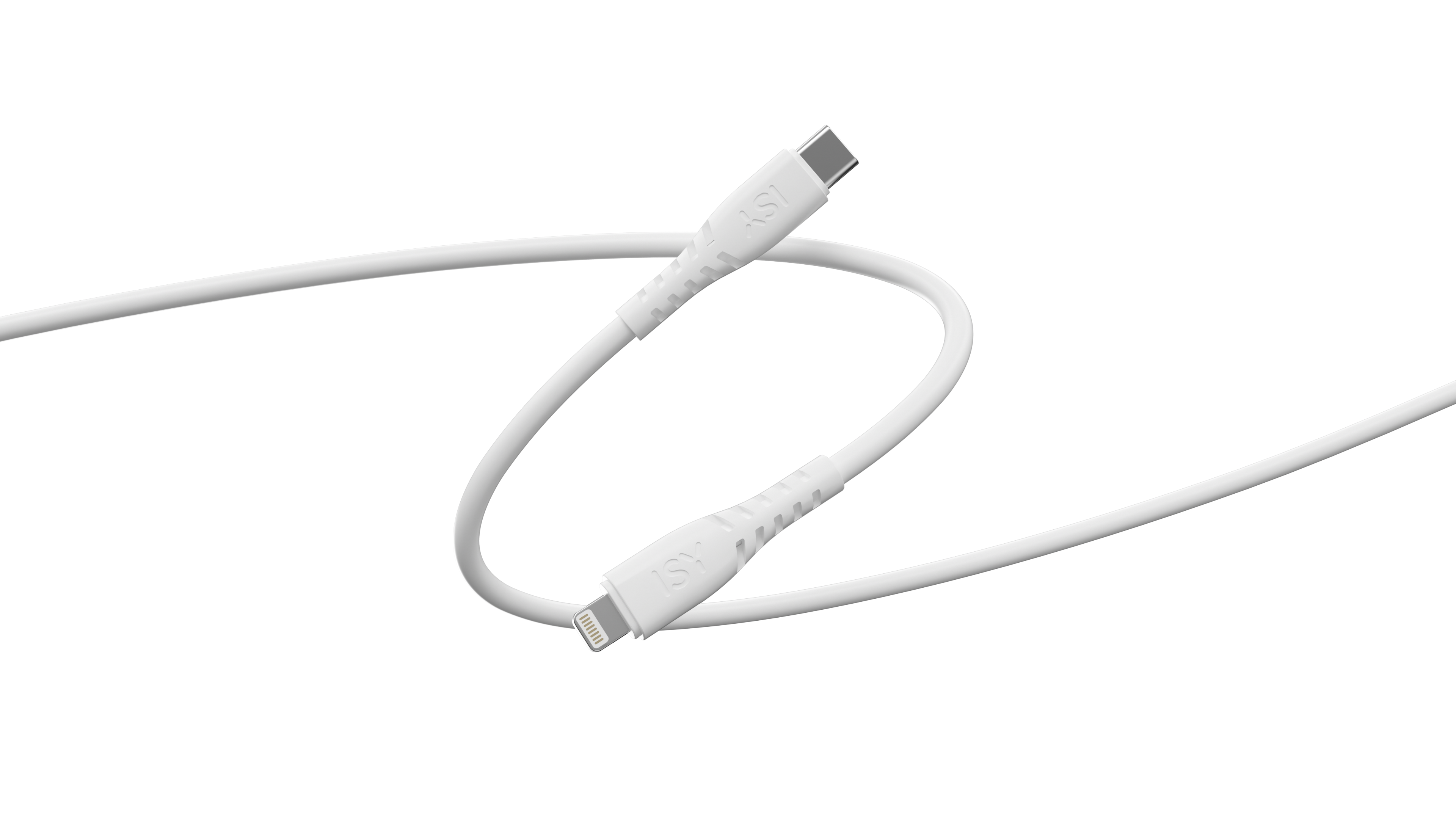 Biały kabel ładujący z wtyczką USB-C i Lightning na czarnym tle. Kabel ma logo ISY.