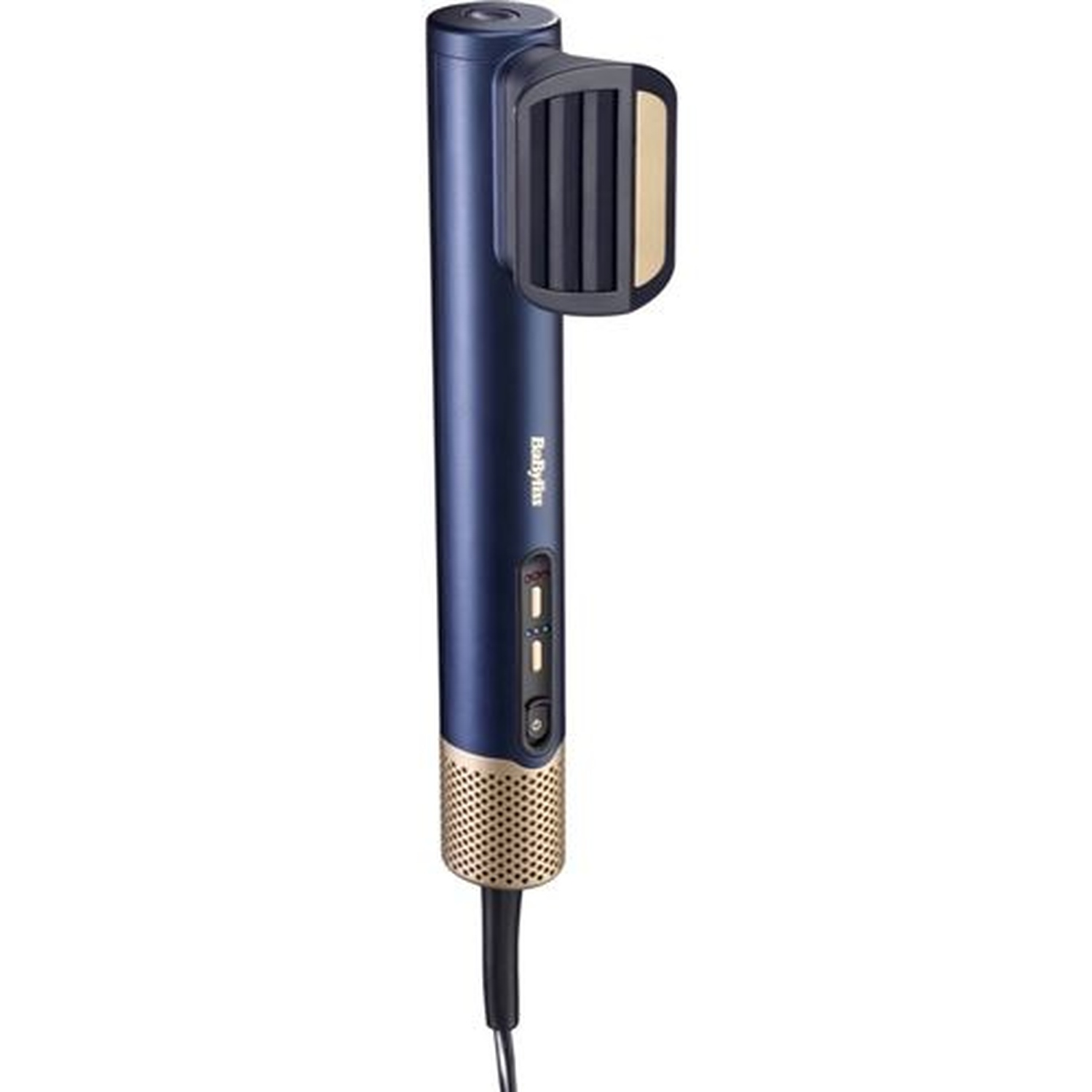 Een blauw-gouden haarstylingtool. Het heeft een cilindrisch lichaam met een krultang. Een zwart snoer komt van de onderkant.