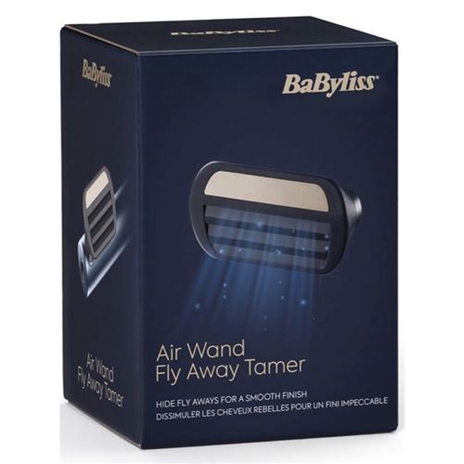 Een marineblauwe doos van BaByliss Air Wand Fly Away Tamer. Het toont een afbeelding van het product, met tekst die de functie beschrijft.
