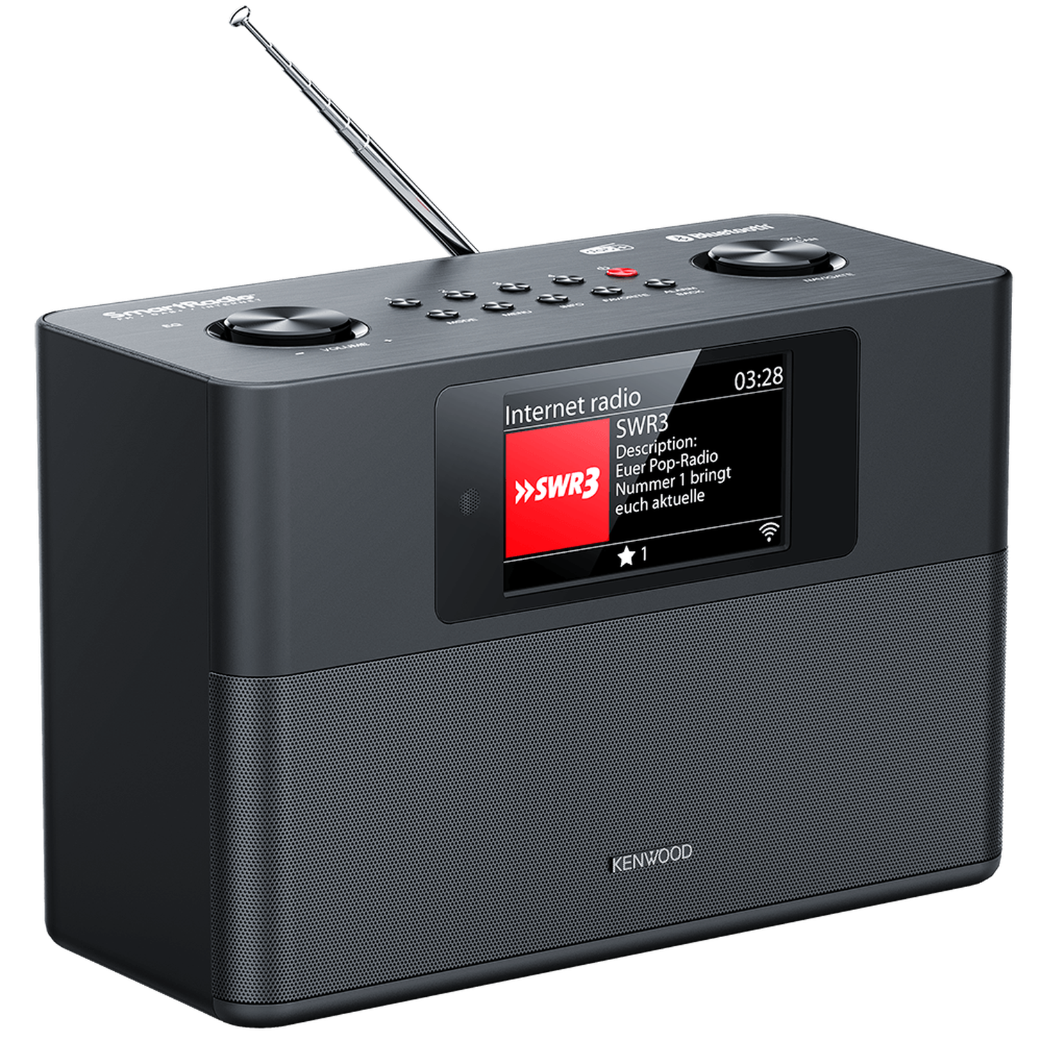 A black Kenwood radio with a screen displaying 'Internet radio' and 'SWR3'. It has a retractable antenna and buttons.
