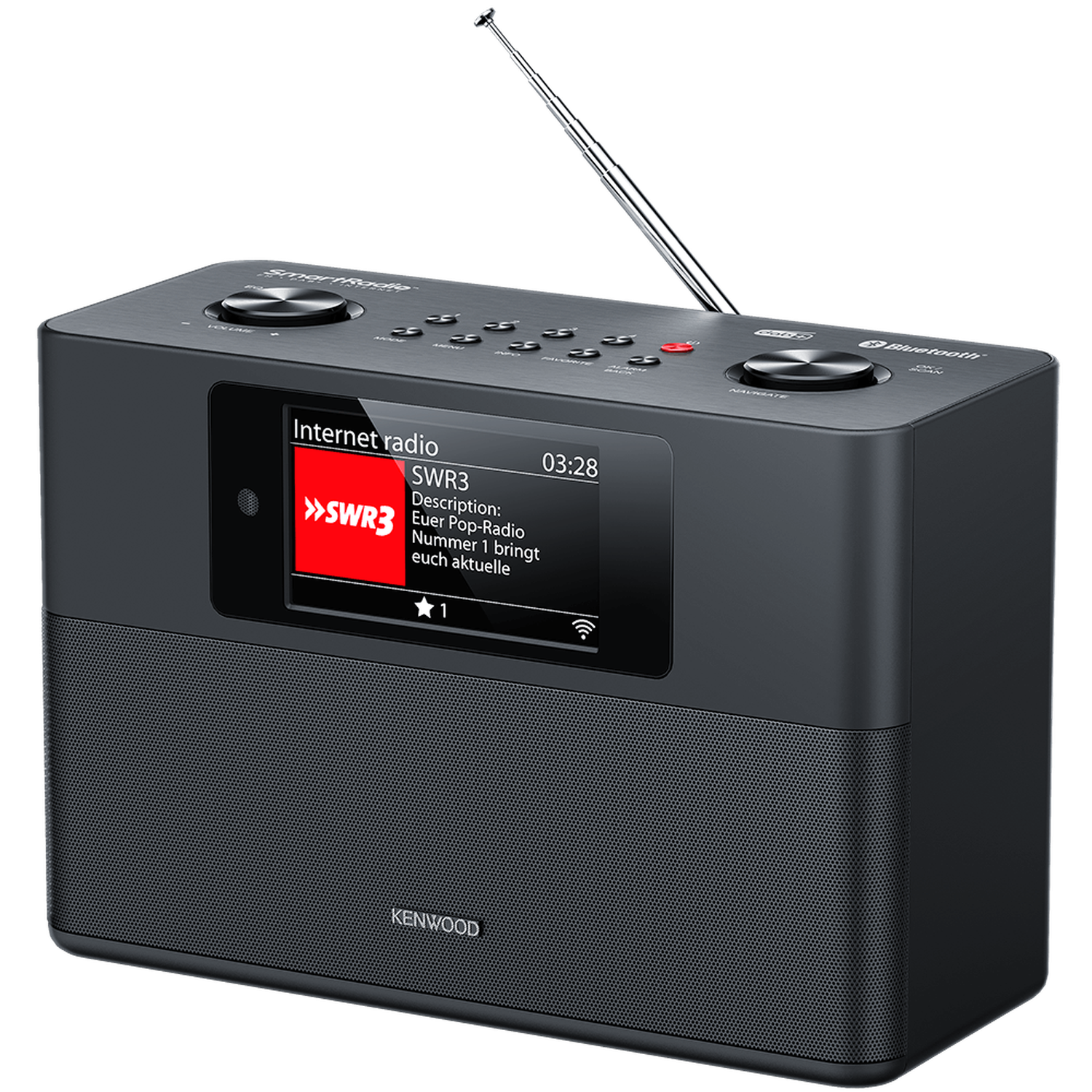 A black Kenwood radio with a screen showing an internet radio station. It has buttons, a volume knob, and an antenna.
