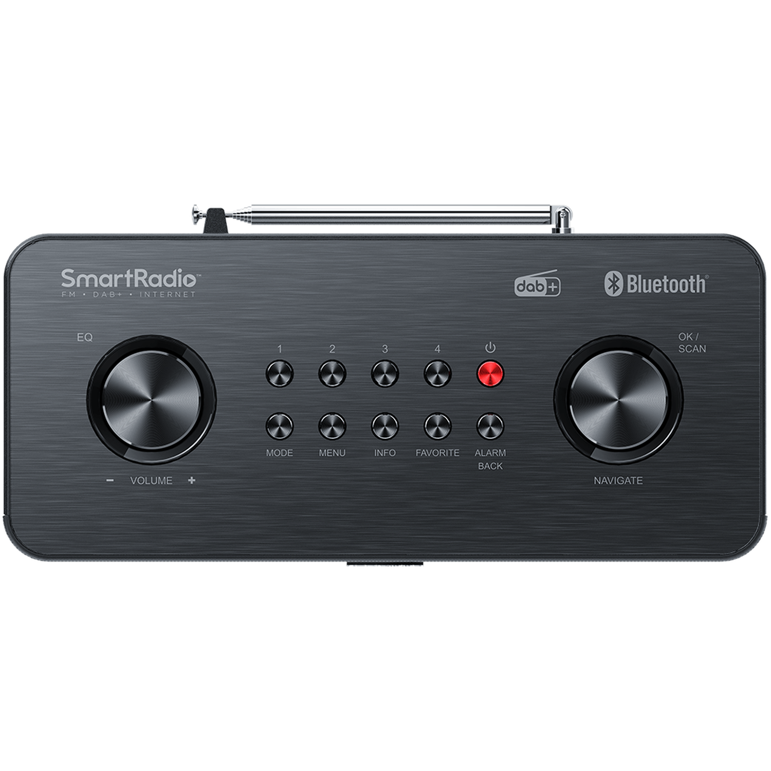 A dark gray SmartRadio with buttons, knobs, and an antenna. It has Bluetooth and DAB+ features. The background is black.