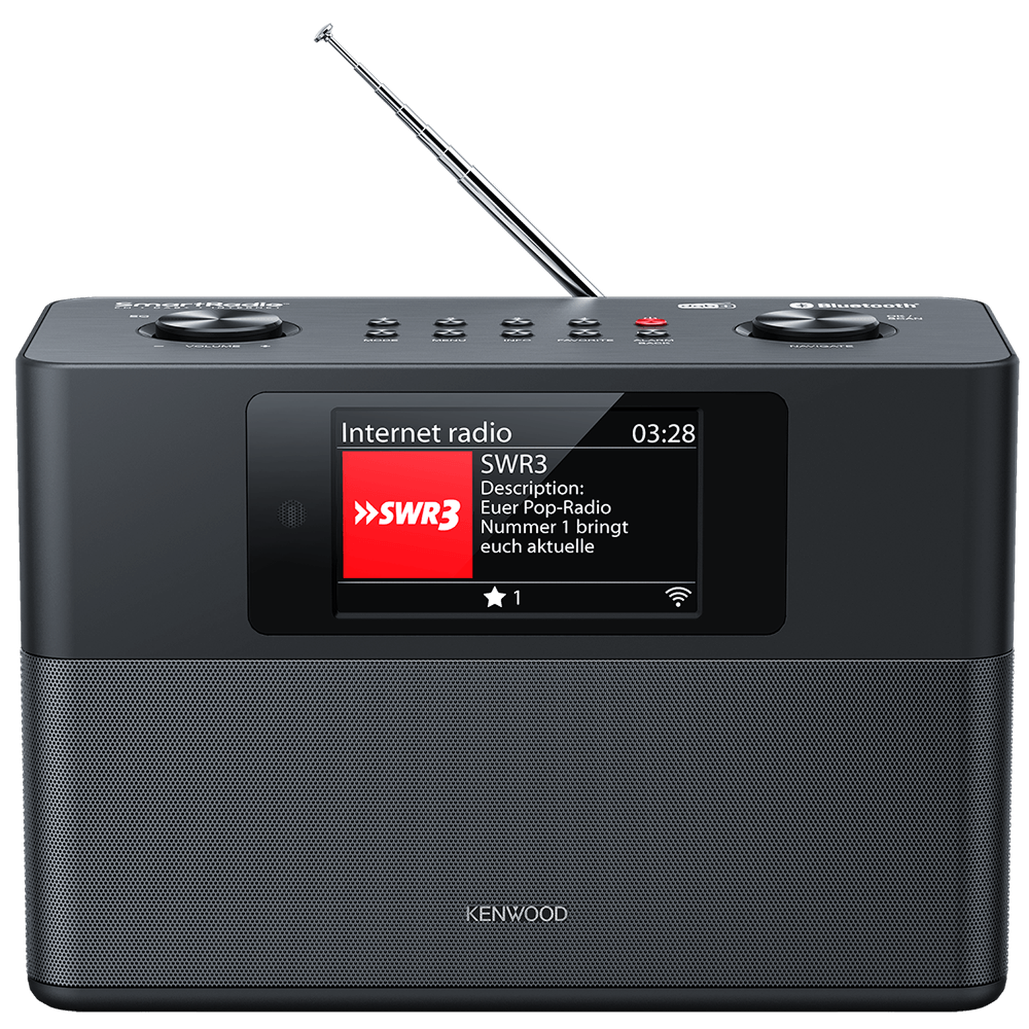 A black Kenwood smart radio displays an internet radio station with a screen showing SWR3 and the time. An antenna is extended.