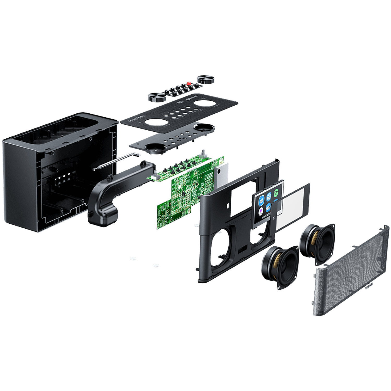 Exploded view of a black speaker with internal components visible: circuit board, speakers, screen, and control panel, all on a black background.