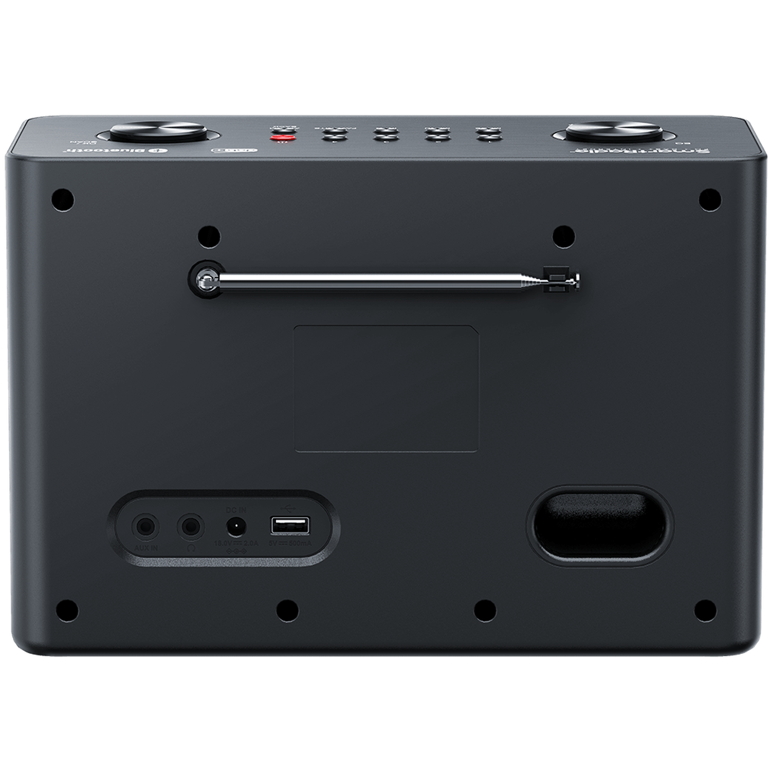 A black radio with multiple buttons, knobs, and an antenna. It has a USB port and input jacks at the bottom.