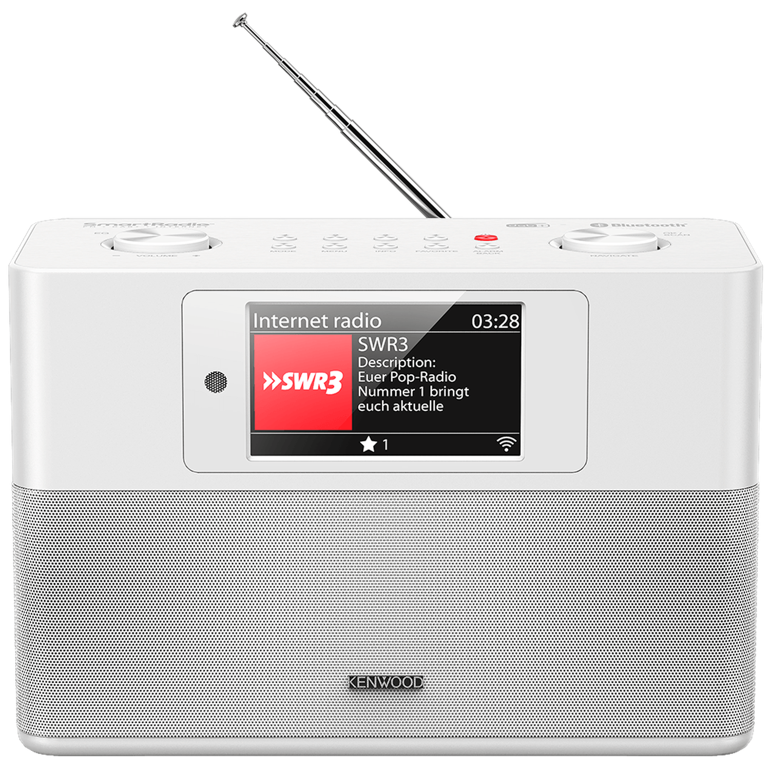 White Kenwood radio. Screen shows internet radio SWR3, time 03:28. Antenna extended. Bluetooth and other buttons on top.