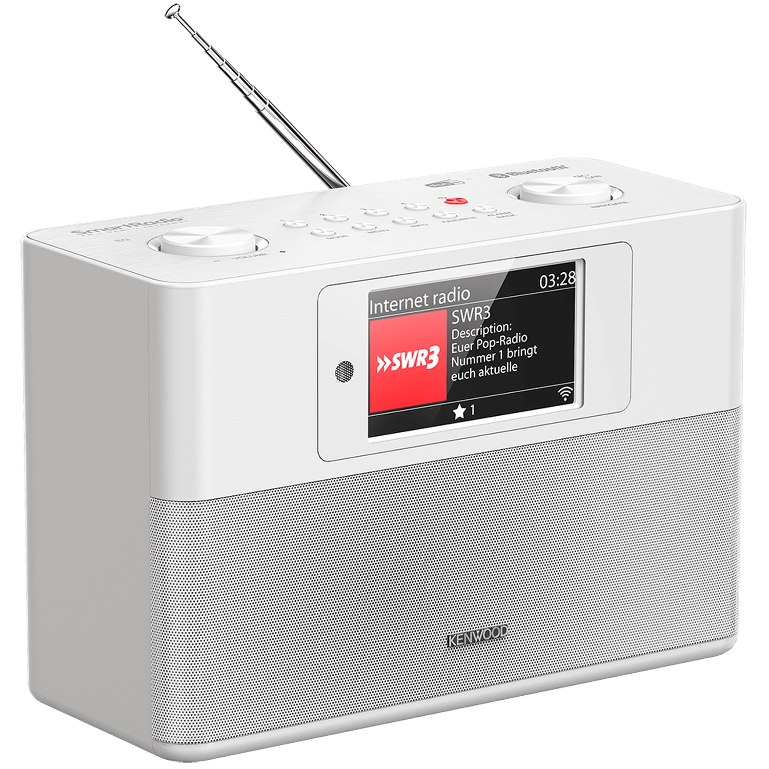 White Kenwood internet radio with antenna. Displays SWR3 radio station information on its screen.