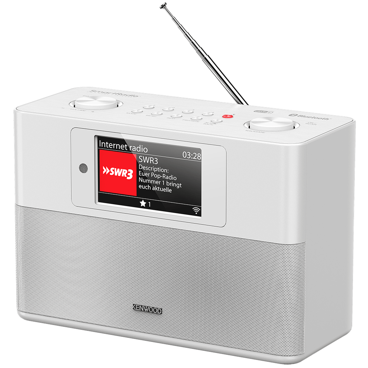 A white Kenwood internet radio displays an SWR3 radio station. It has a screen, buttons, a silver antenna, and a speaker.