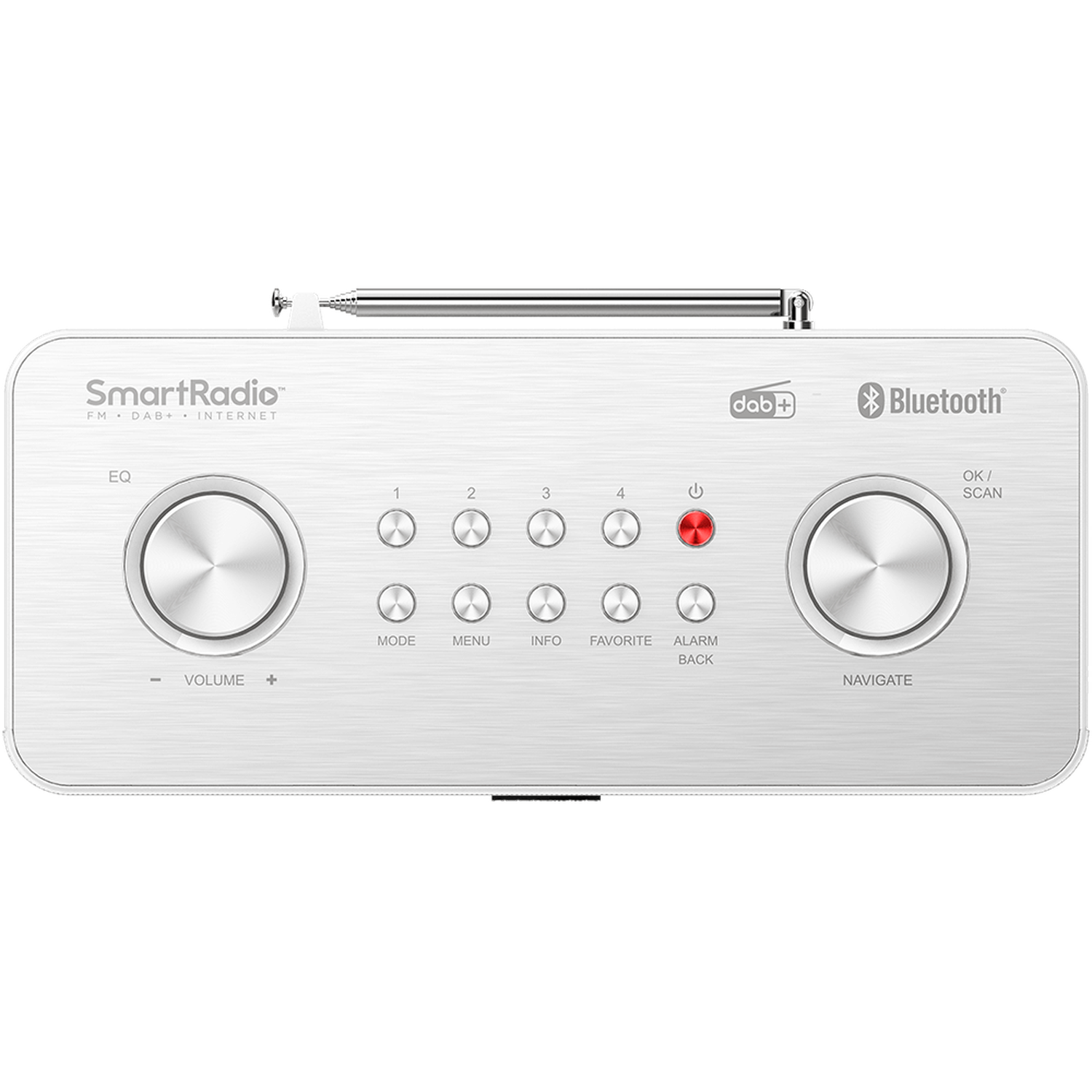 A silver SmartRadio with buttons for volume, mode, menu, info, favorite, alarm, navigate, and power. It has a DAB+ and Bluetooth logo.