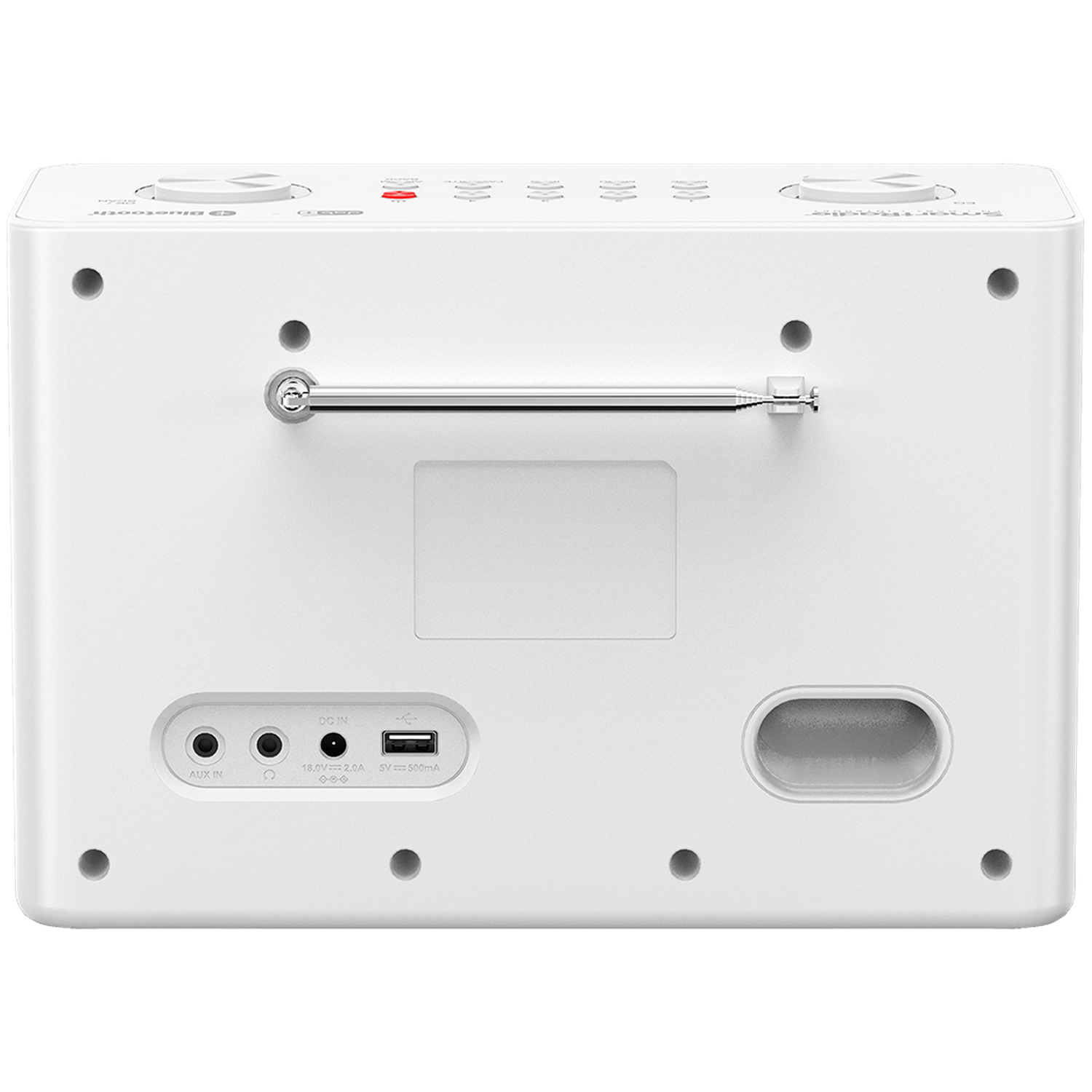 White radio back view. Has an antenna, ports, and buttons. Features include AUX IN, DC IN, and USB ports.
