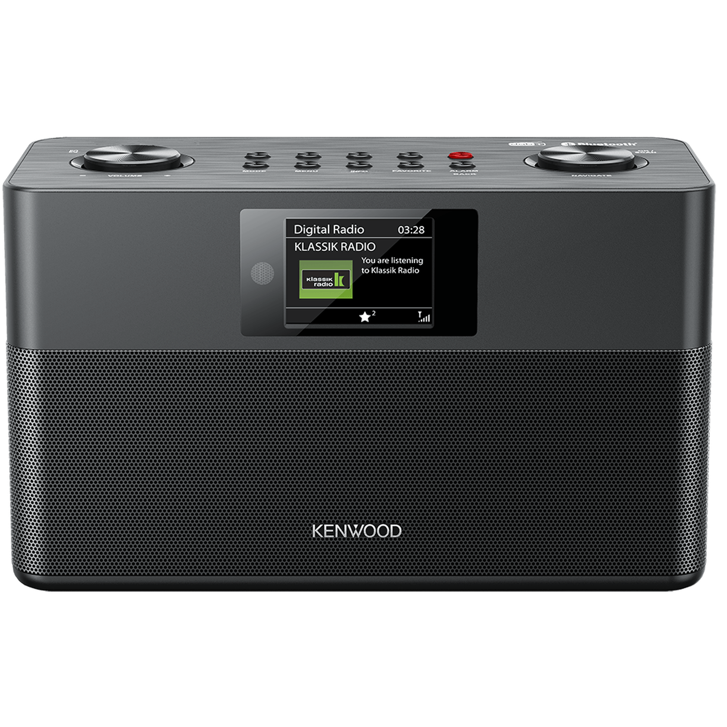 A black Kenwood digital radio. It displays 'Klassik Radio' on the screen. Knobs and buttons are visible on top and front.