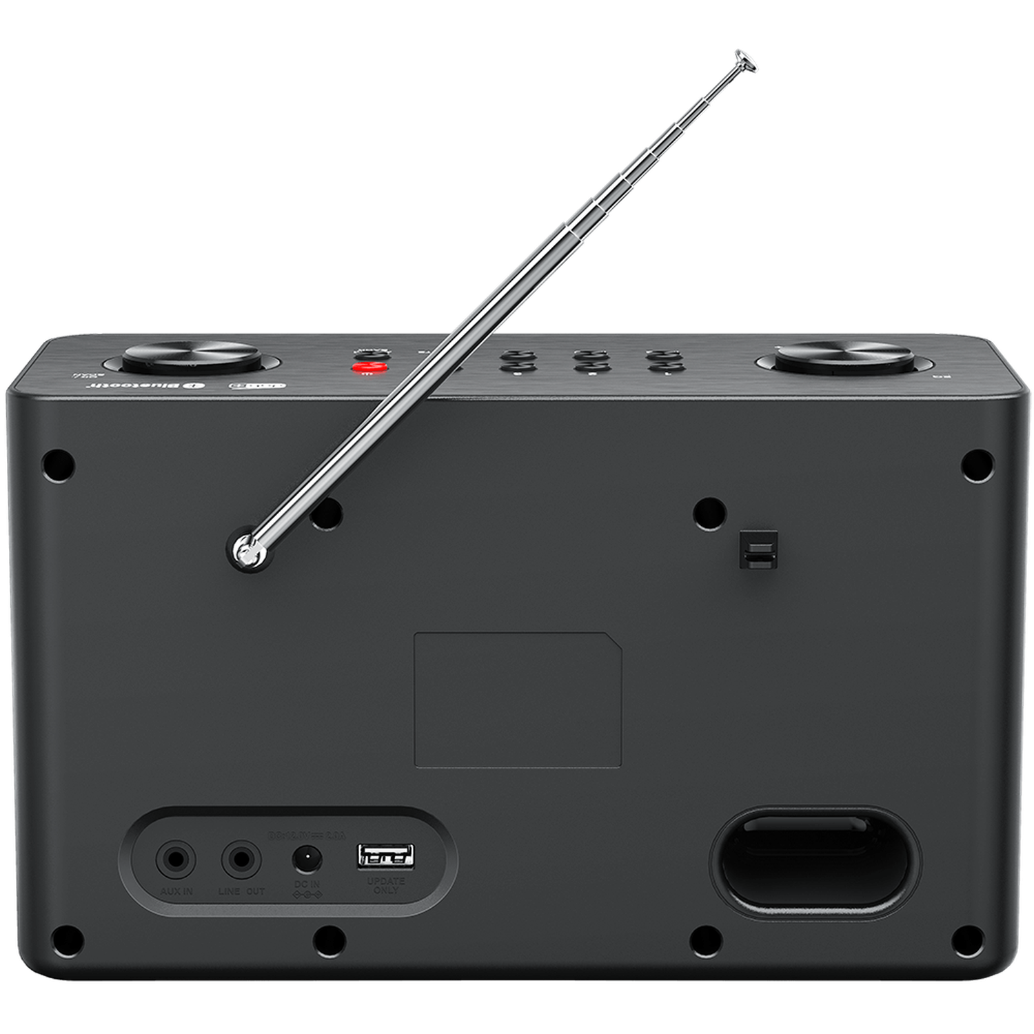 A black radio with a silver antenna. It has buttons and input ports. The background is a dark gradient.