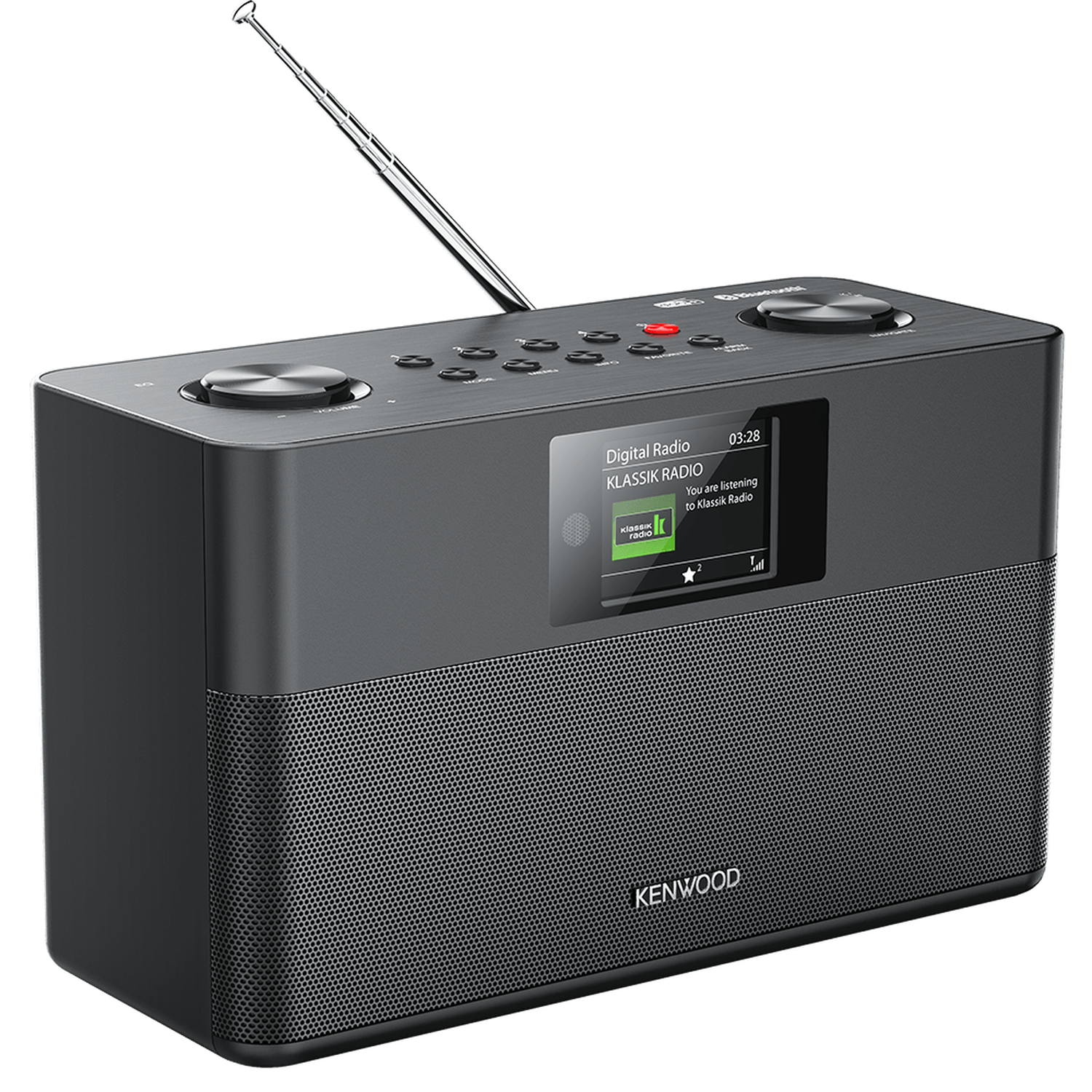 A black Kenwood digital radio, with antenna, screen displaying radio info, and buttons. The screen shows 'Klassik Radio'.
