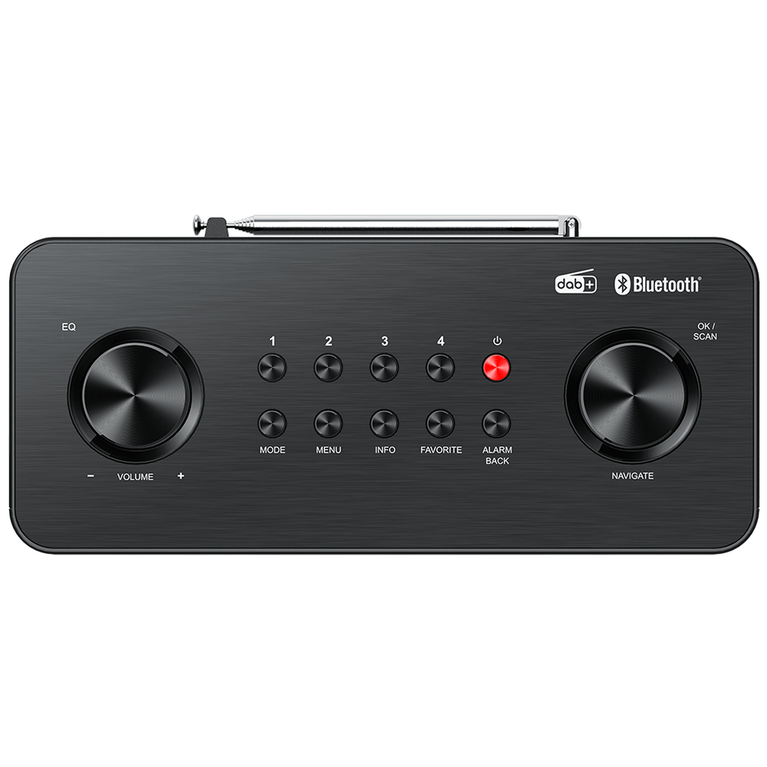 A black radio with knobs, buttons, and an antenna. Features 'dab+', 'Bluetooth' and buttons for volume, mode, menu, info, and favorites.