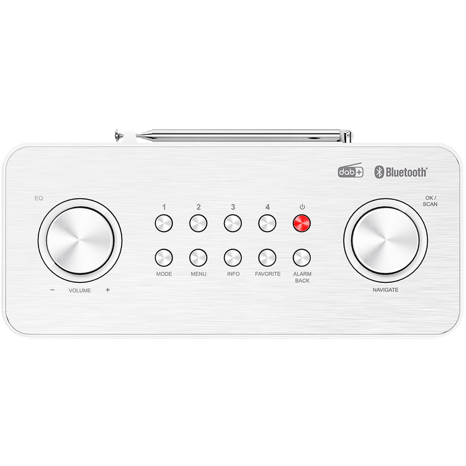 A white radio with silver knobs and buttons. Features include volume, navigation, mode, and preset options. The power button is red.