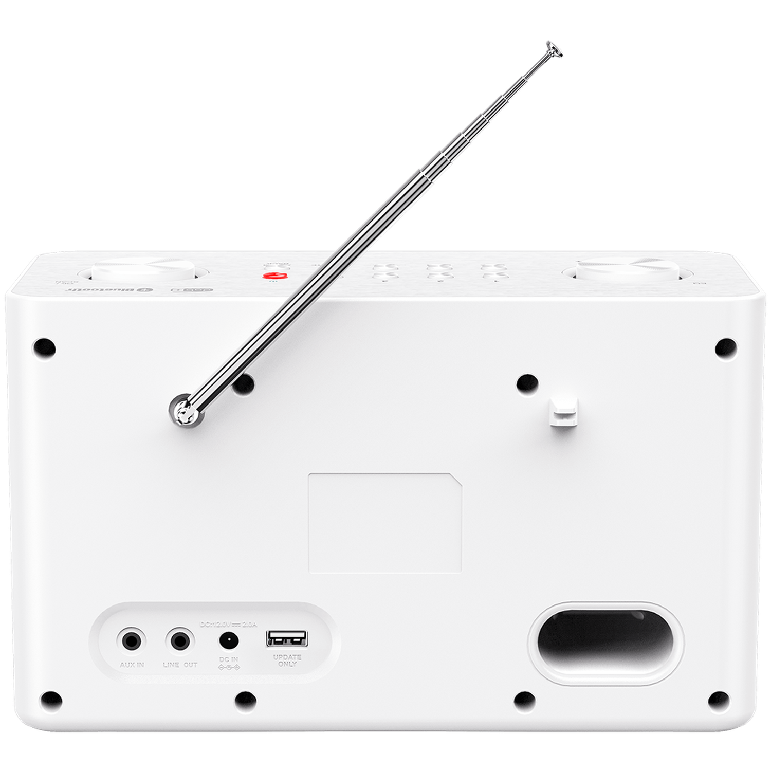 A white radio with a silver antenna. It has buttons, dials, and ports for AUX, line out, DC in, and USB. The background is black.