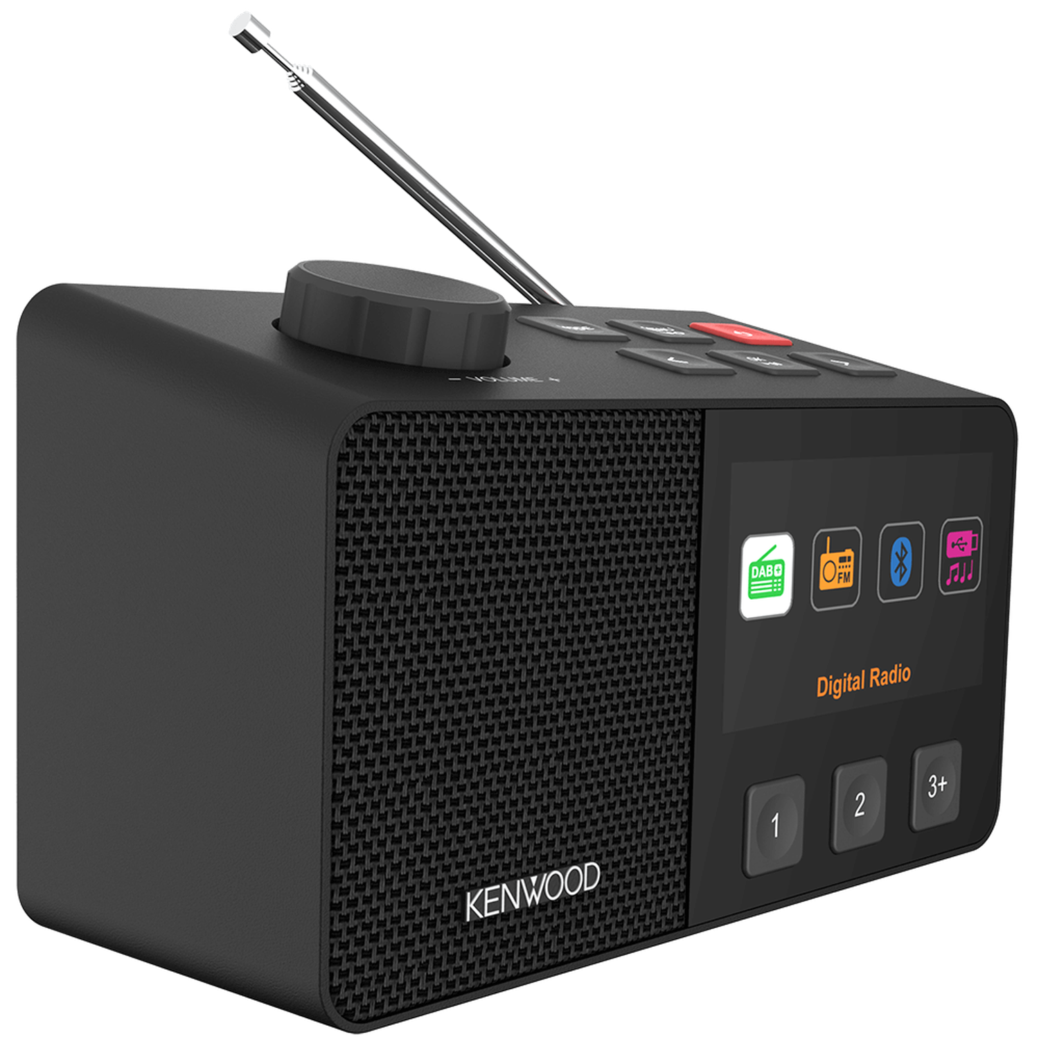 Black Kenwood digital radio. Features a screen, buttons, and antenna. Screen displays 'Digital Radio'. Knobs for volume and tuning.