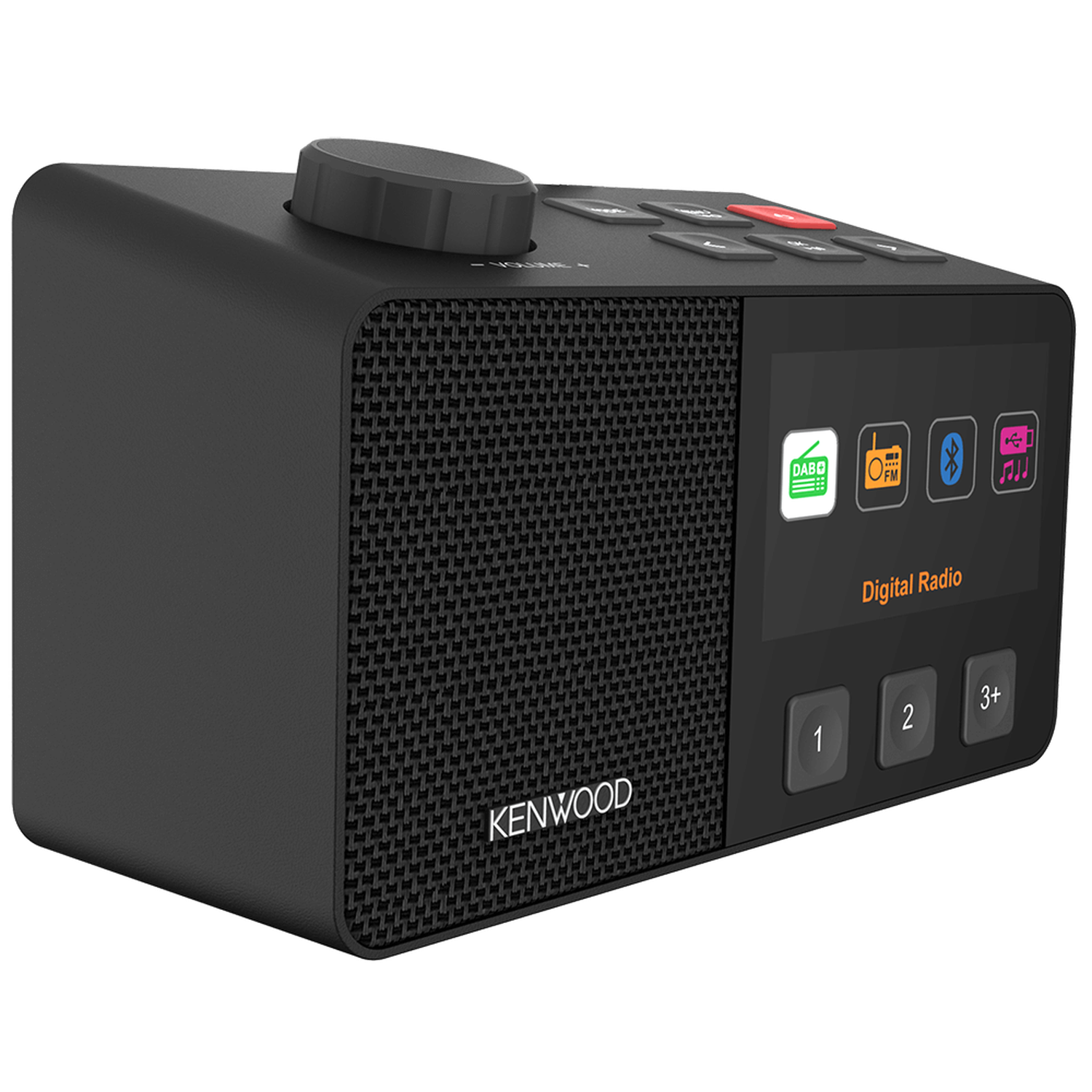 A black Kenwood digital radio. It has a volume knob, screen with icons, and buttons. The screen says Digital Radio. 