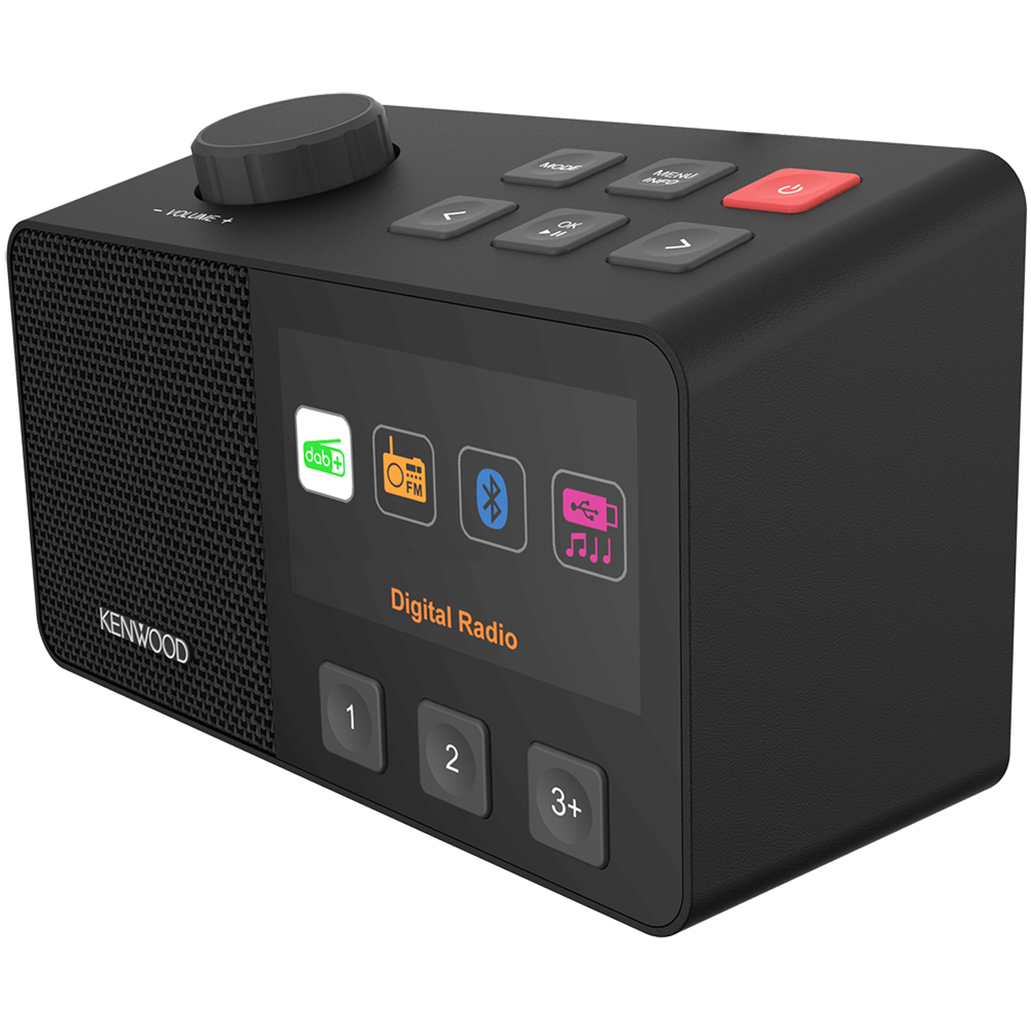 A black Kenwood digital radio. It has a volume knob, power button, and a screen displaying radio options and preset buttons.