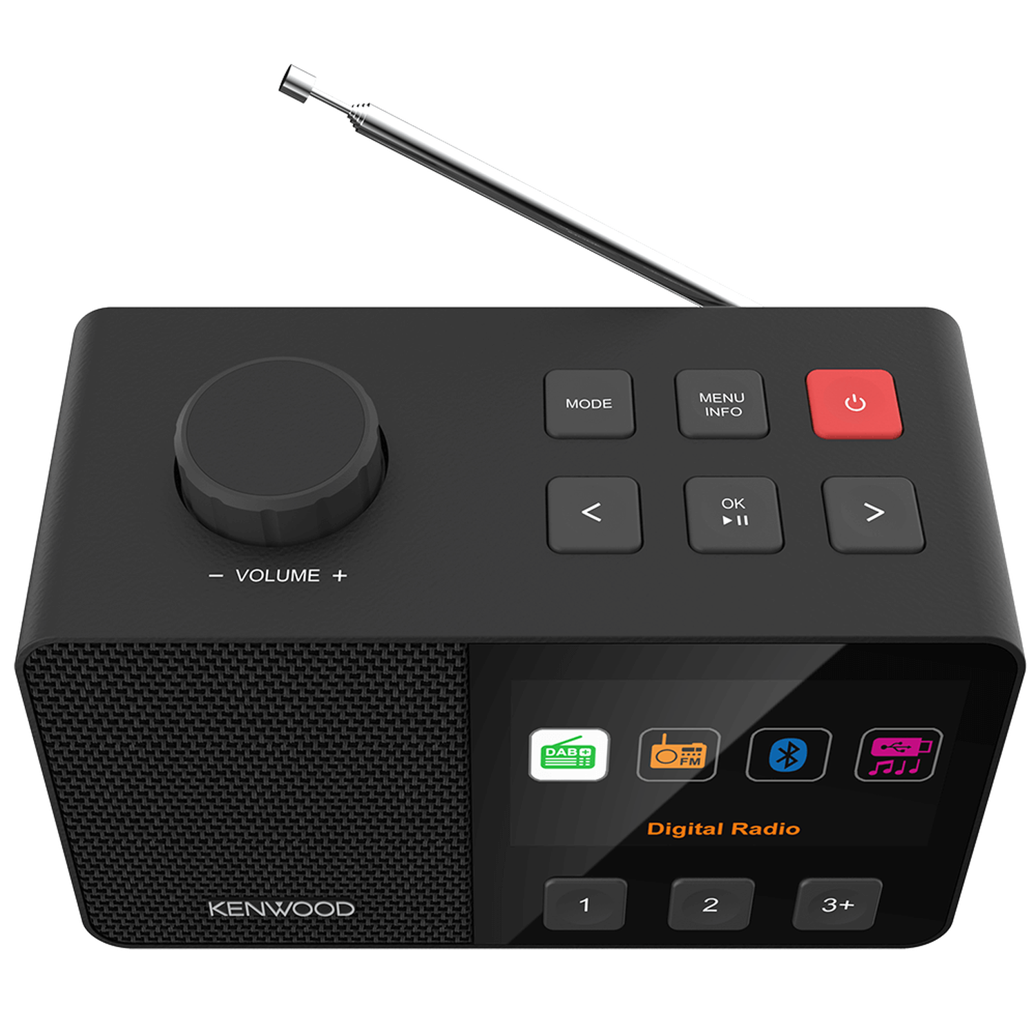 Black Kenwood digital radio with buttons, screen, antenna, volume knob, and icons for DAB, FM, Bluetooth, and USB.