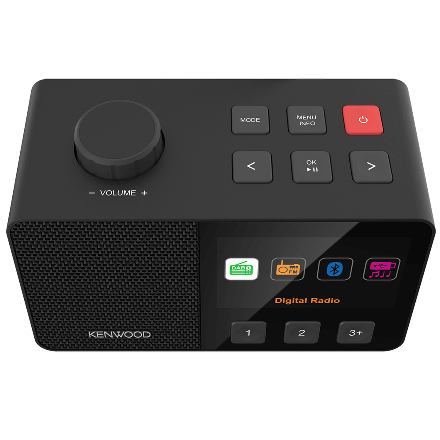 Black Kenwood digital radio with volume knob, buttons, and a display showing radio options. Features DAB, FM, and Bluetooth.
