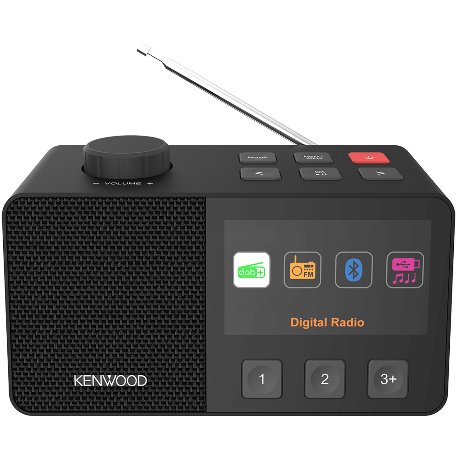 A black Kenwood digital radio with a volume knob, buttons, screen displaying icons, and a pull-up antenna.
