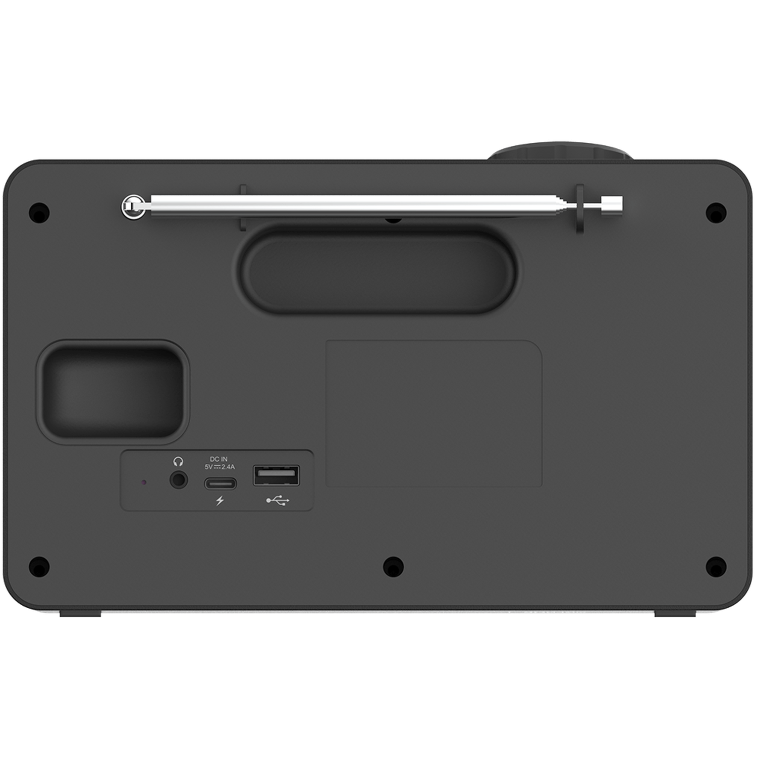 A dark gray radio with a silver antenna. It has various ports, including USB and a headphone jack, and a DC input.