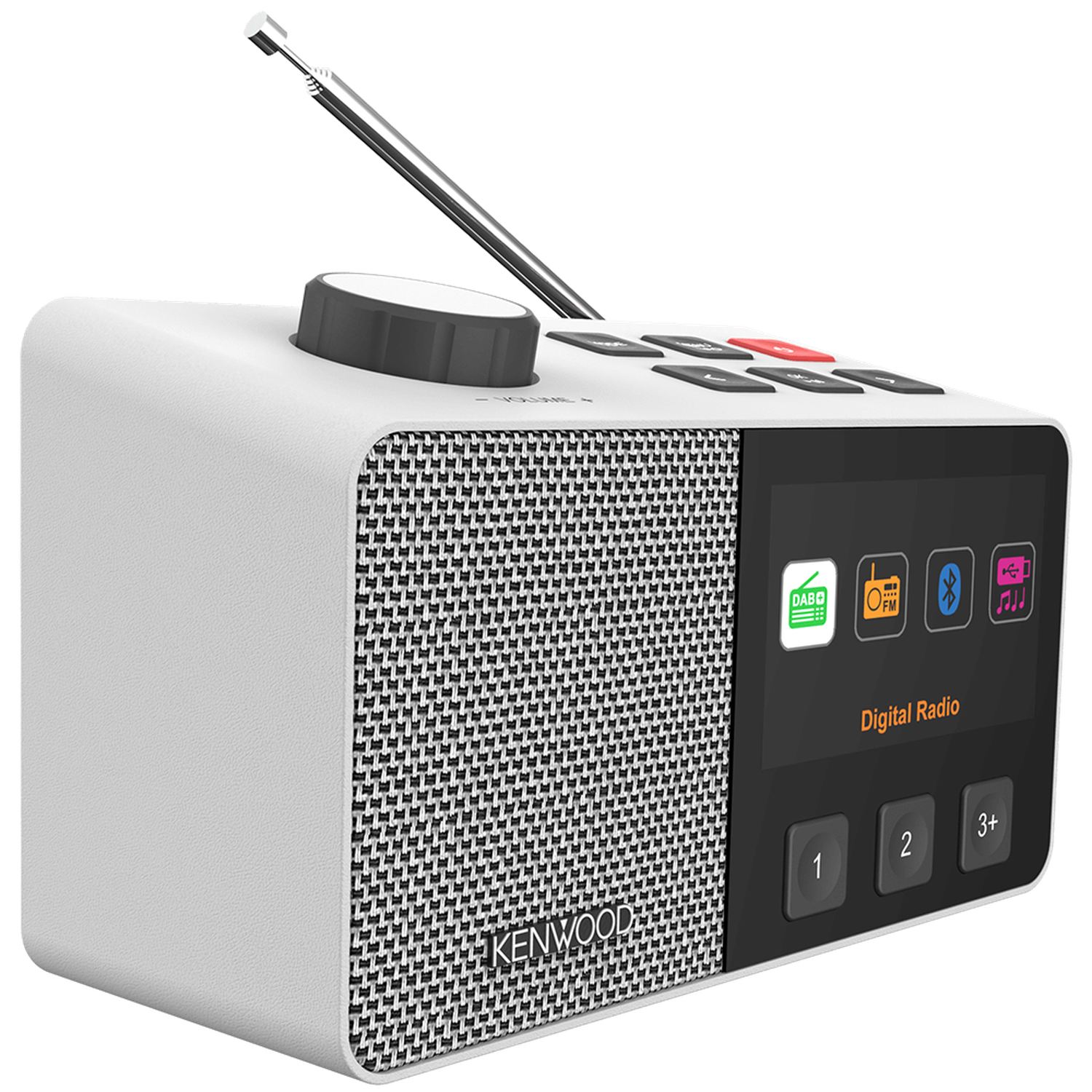 A white Kenwood digital radio. It has a speaker, a black display with buttons, a volume knob, and an antenna.