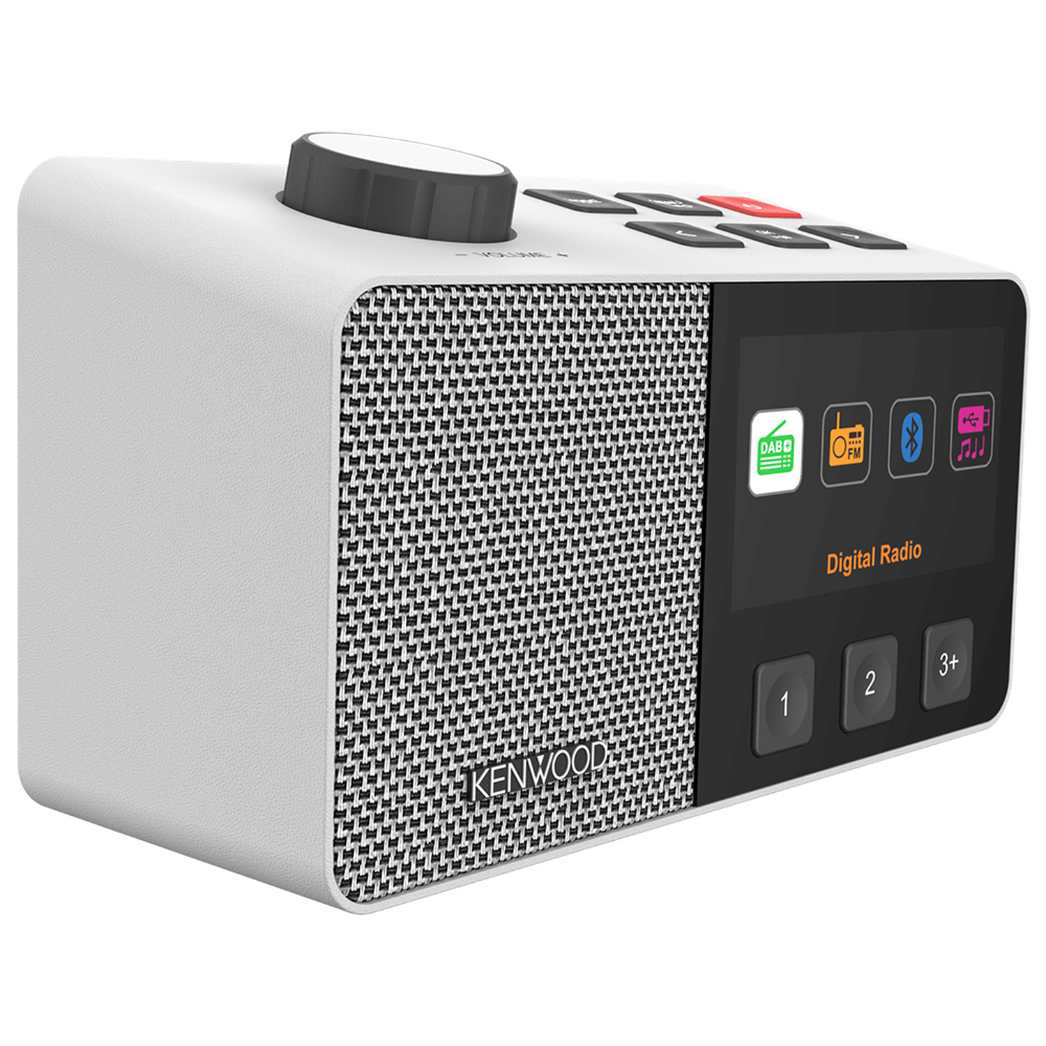 A white Kenwood digital radio. It has a speaker, a screen, and buttons. A volume knob is on top. Digital Radio is written on it.