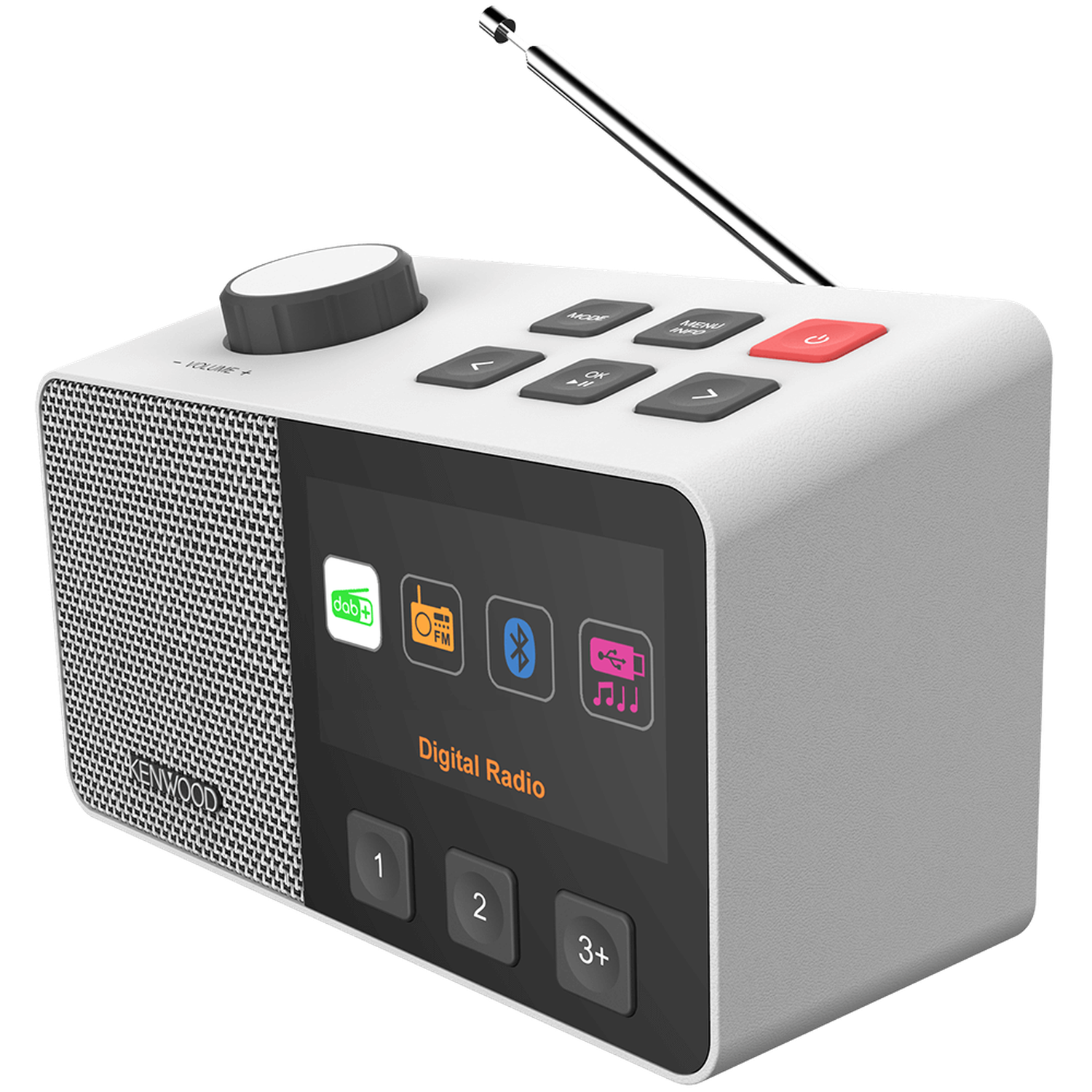 White and gray digital radio. It has a screen, buttons, and an antenna. The screen displays icons and the words Digital Radio.