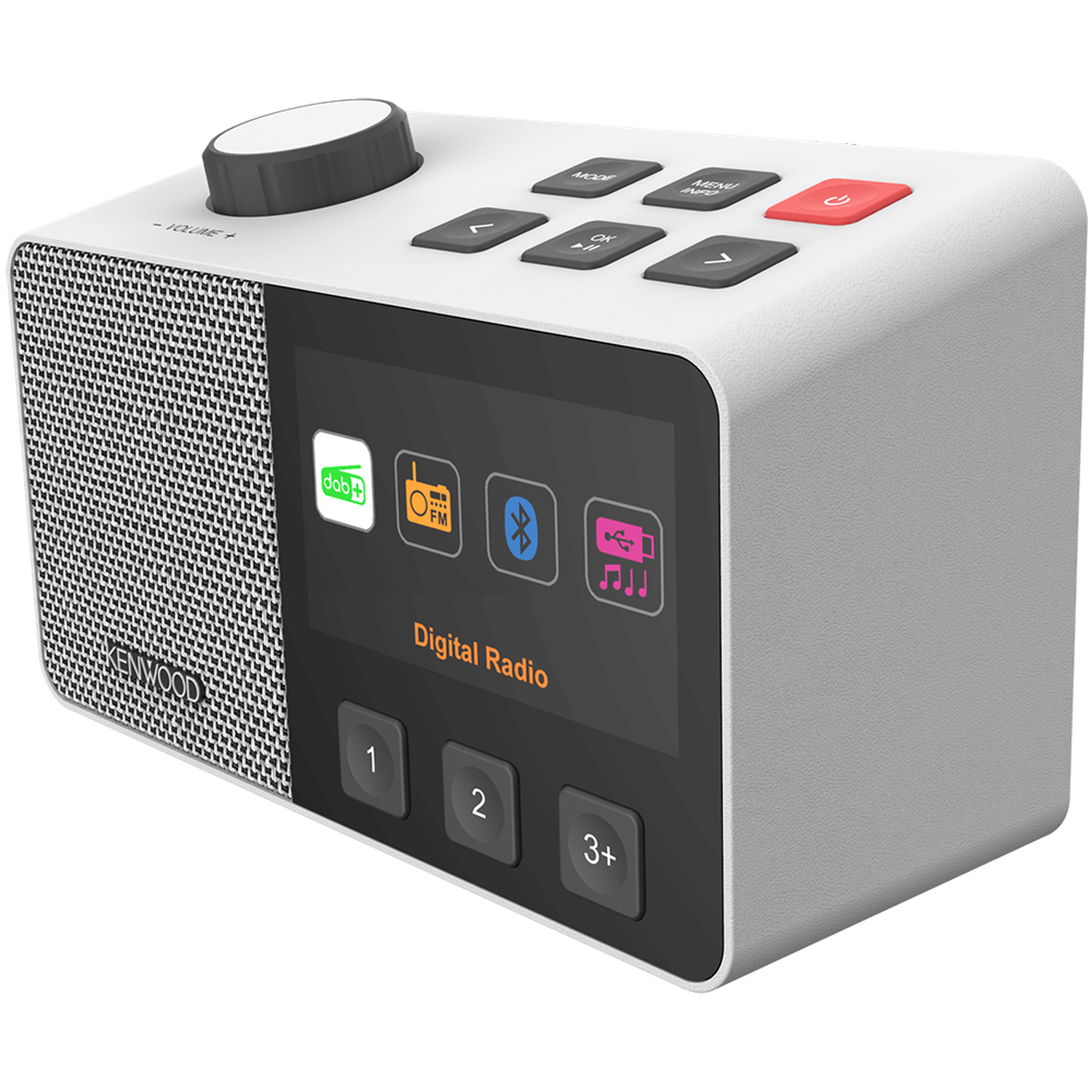A white Kenwood digital radio is shown. It has a screen and buttons for controls. The top has a volume knob and power button.
