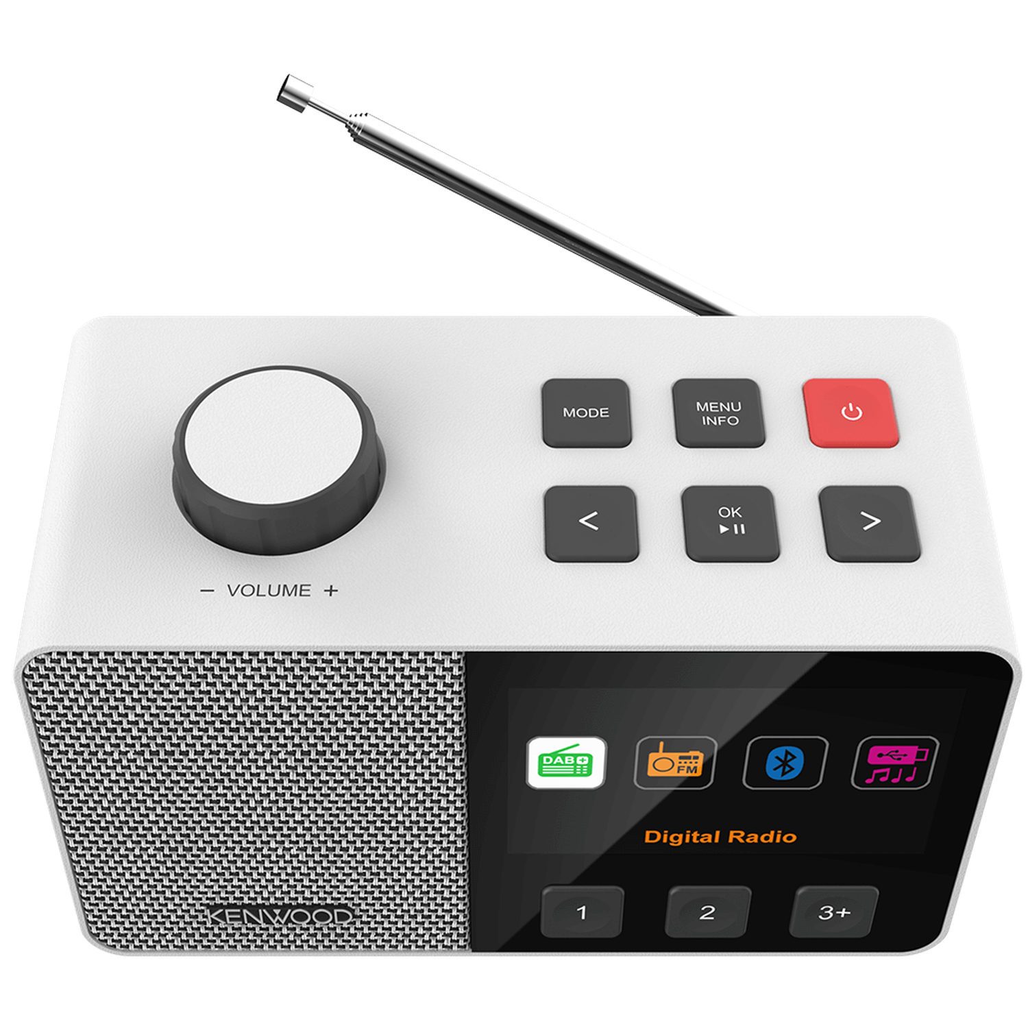 A white digital radio with a silver antenna. It has buttons, a volume knob, and a display showing DAB+, FM, Bluetooth, and USB icons.