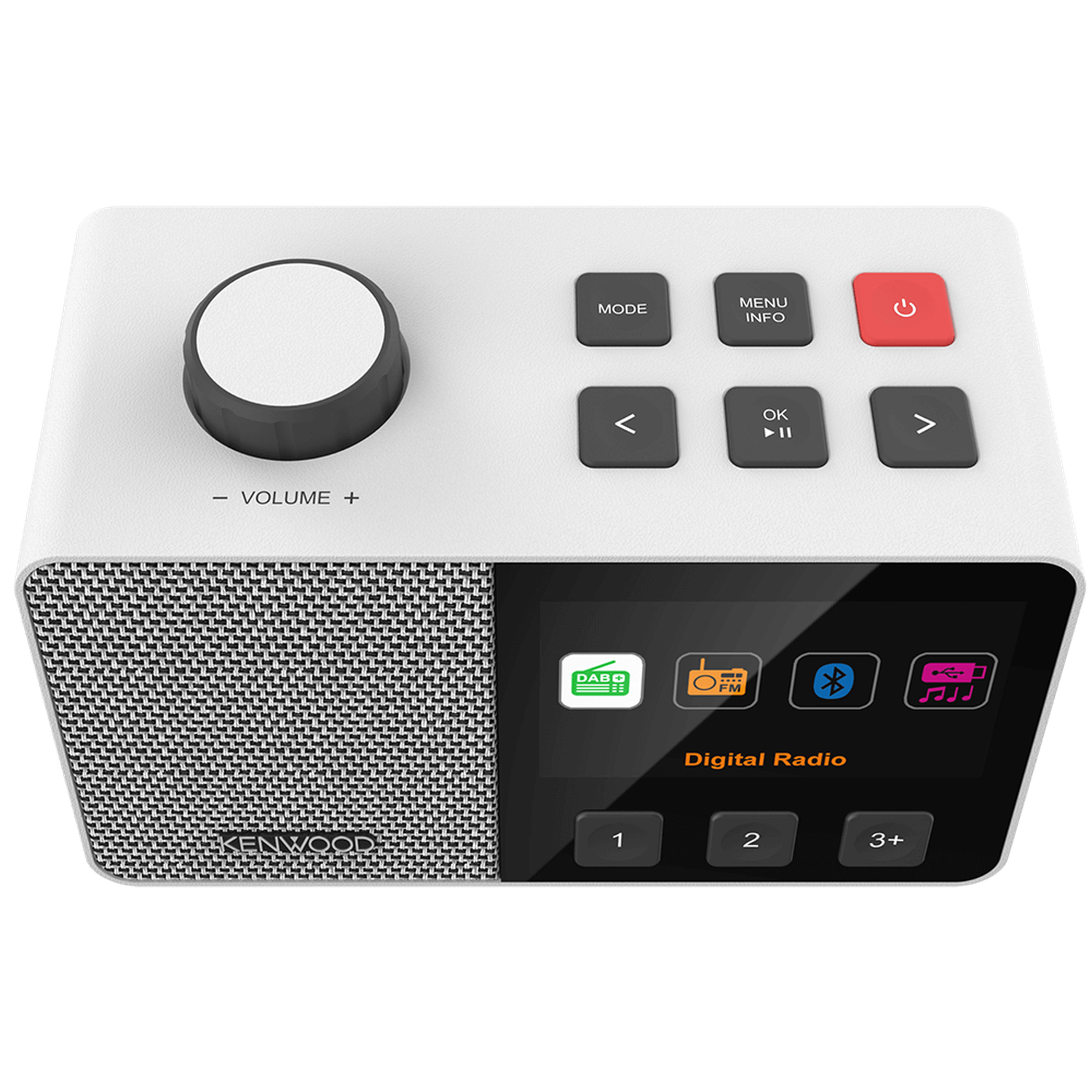 White digital radio with volume knob, control buttons, and a screen showing digital radio options. DAB, FM, Bluetooth, and USB icons are visible.