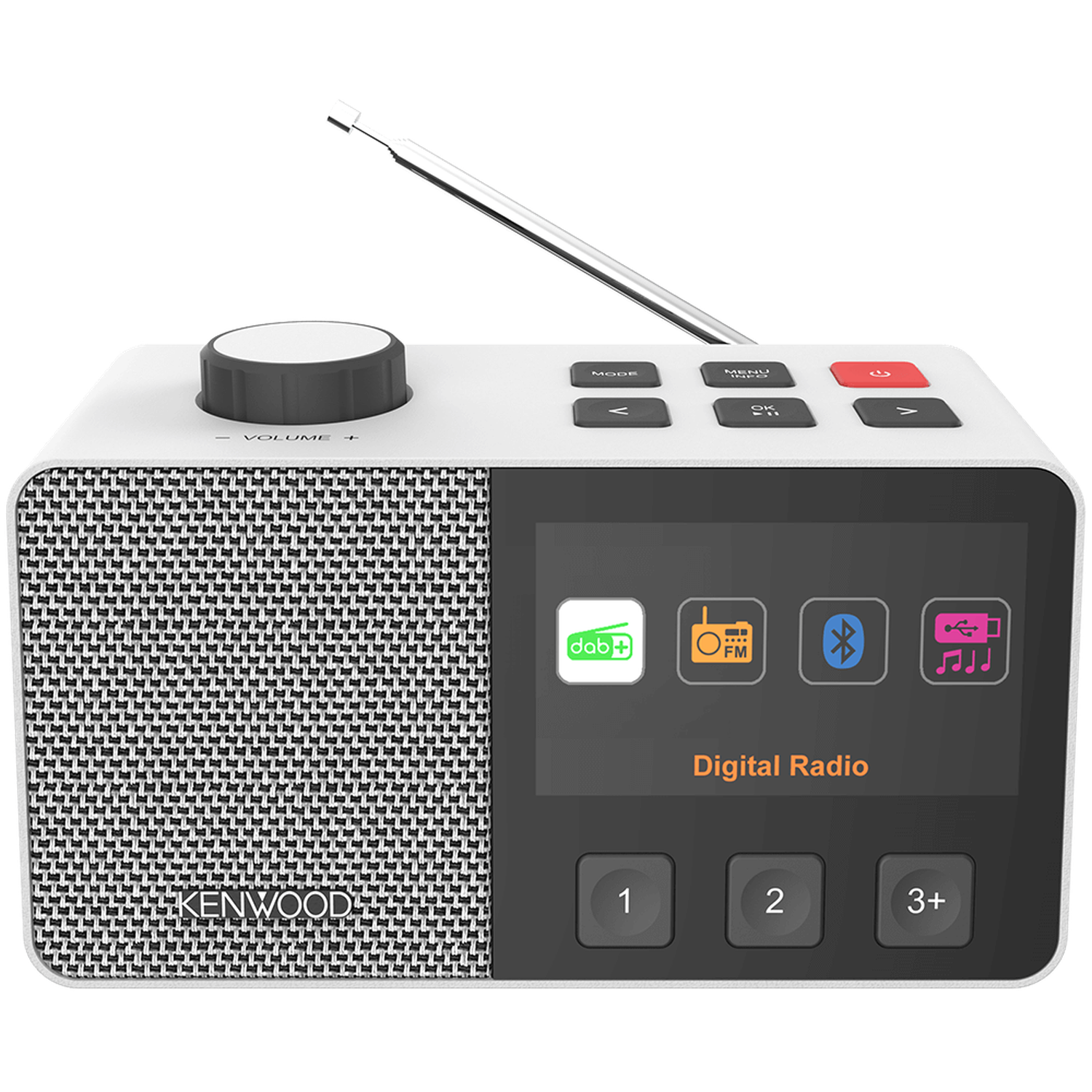 A white and black Kenwood digital radio with an antenna, volume knob, screen, and buttons for various functions.