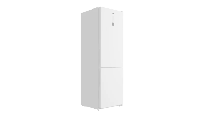 Un refrigerador blanco sobre un fondo negro. Es un modelo alto de dos puertas con un diseño elegante.