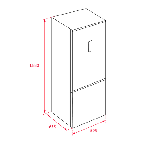Vista isométrica de un armario con medidas en rojo. El armario es rectangular, con una pequeña puerta rectangular.
