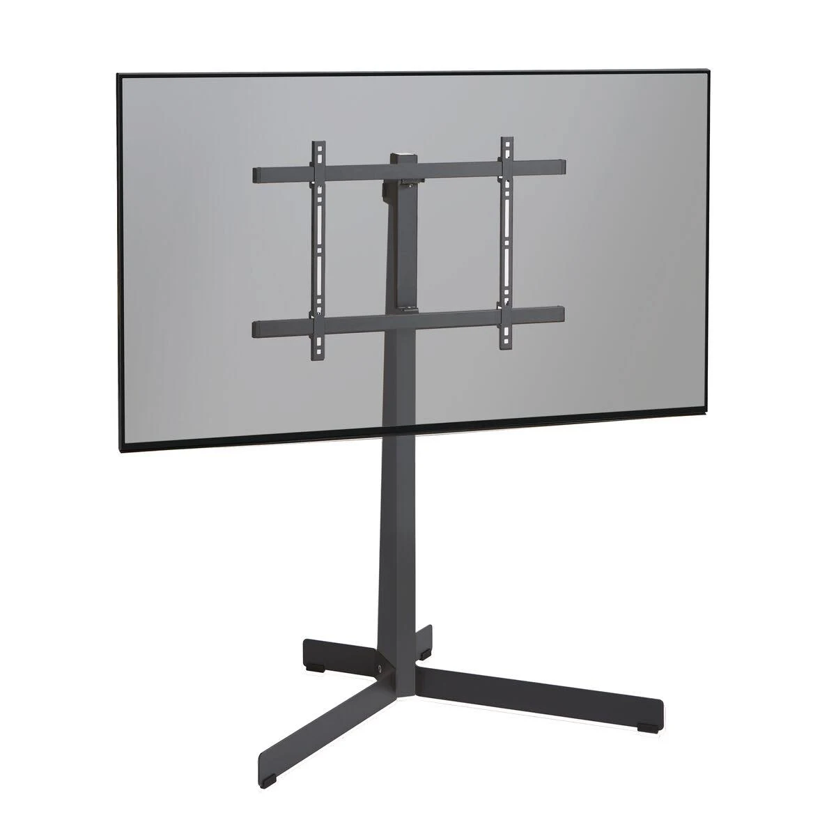 Una pantalla gris grande montada en un soporte. El soporte es gris oscuro, con un poste central y una base ancha y estable.