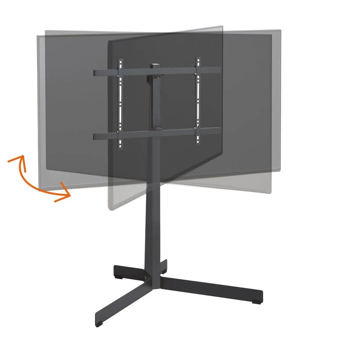 Un soporte de TV gris con una pantalla grande, que se muestra girando. El soporte tiene una base, un poste central y un soporte para el TV.
