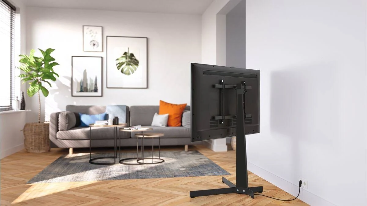 Salón con televisor en un soporte. Sofá gris, mesas de centro y obras de arte en el fondo. Planta en maceta a la izquierda.