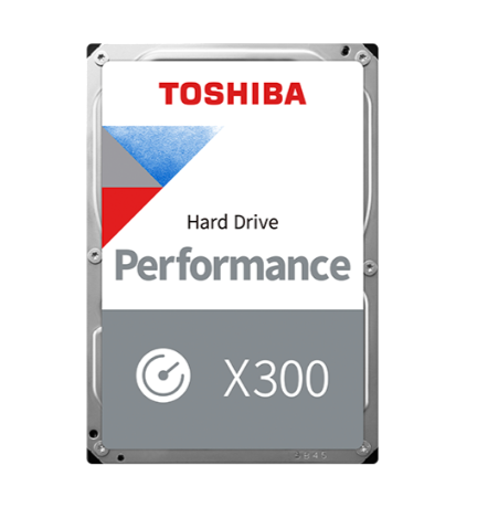 Disco duro Toshiba con logotipo blanco, rojo y azul. El texto dice "Hard Drive Performance X300".