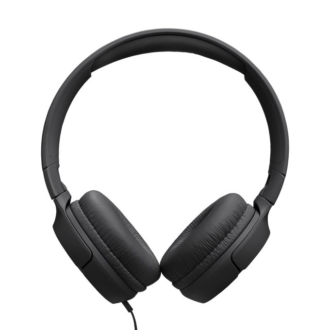 Auriculares negros sobre un fondo oscuro. Los auriculares son de estilo over-ear con almohadillas suaves. El cable es visible en la parte inferior.