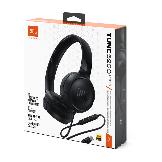 Auriculares JBL Tune 520C negros en una caja. Características: audio de alta resolución, bajos puras y llamadas manos libres.
