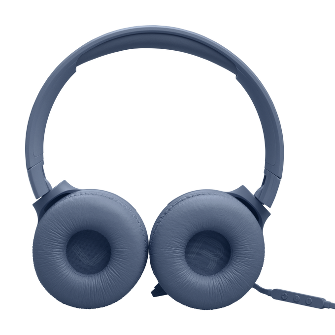 Auriculares azules con diadema y almohadillas acolchadas. Un cable con panel de control se extiende desde el auricular derecho.
