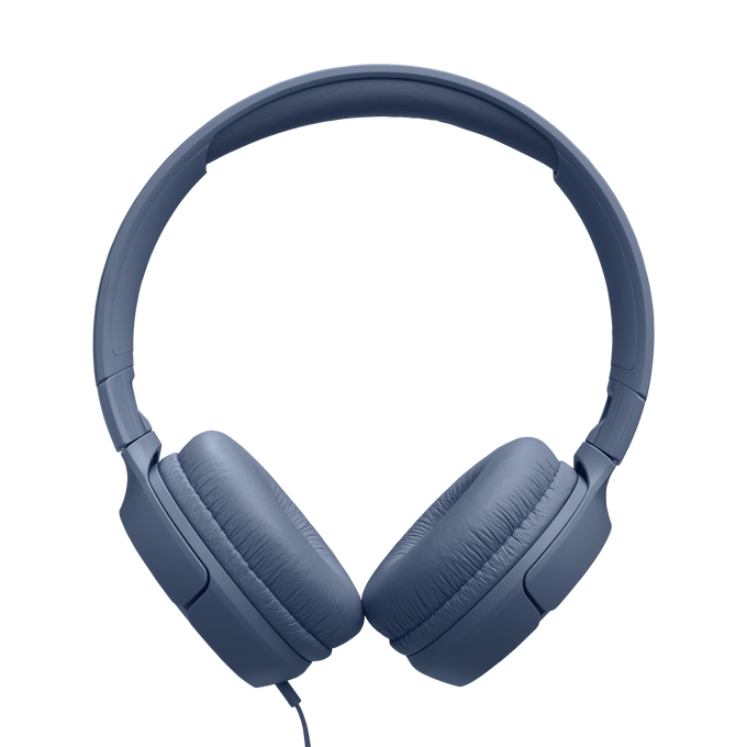 Auriculares azules centrados sobre fondo negro. Estilo circumaural, diadema y almohadillas acolchadas, y cable.