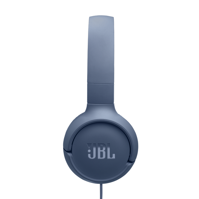 Auriculares JBL azules. La diadema está arriba, los auriculares abajo, con el logotipo de JBL. Un cable se extiende hacia abajo.