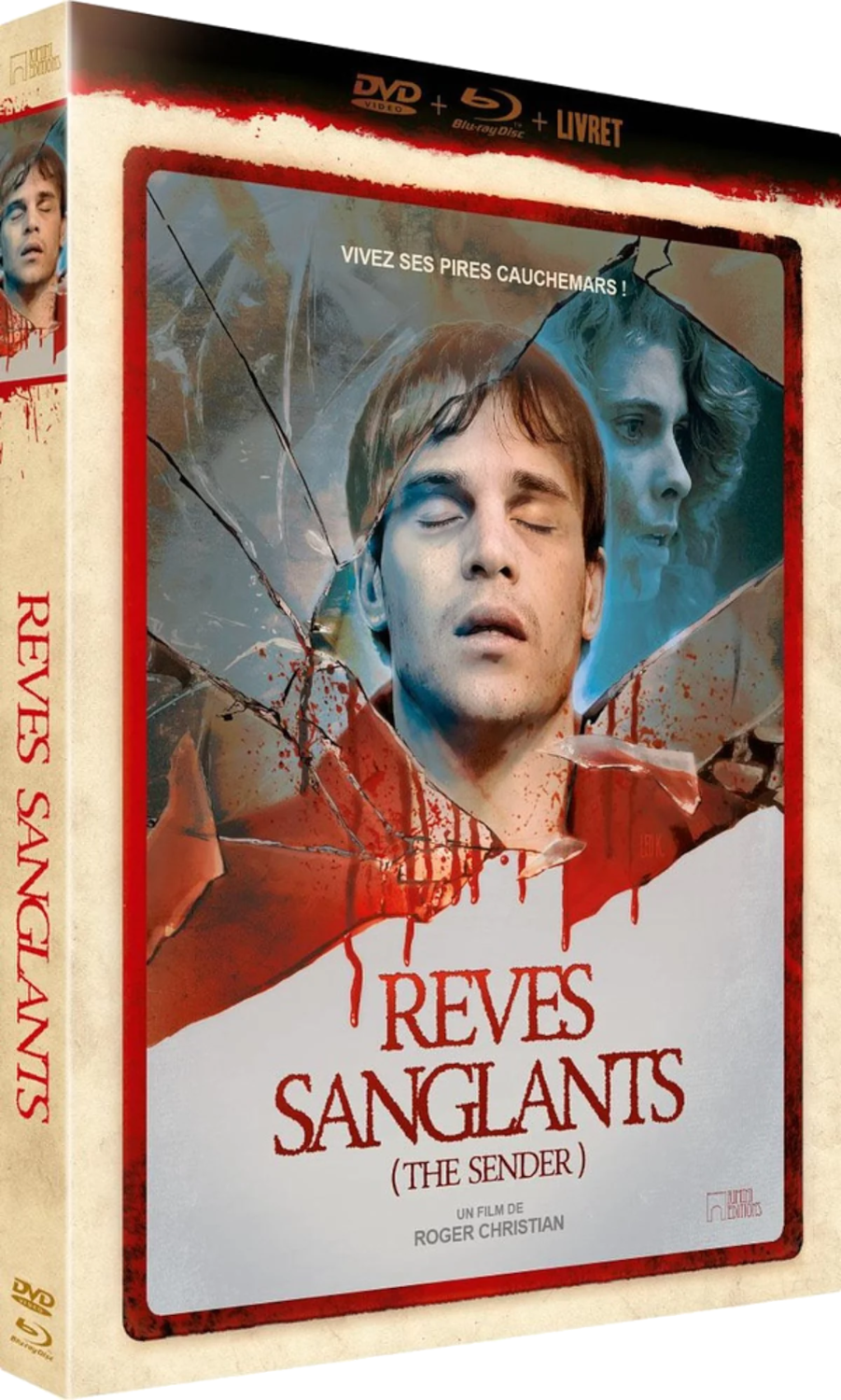 Boîtier DVD d'un film intitulé 'Reves Sanglants'. Il montre un homme aux yeux fermés, du sang et du verre brisé.