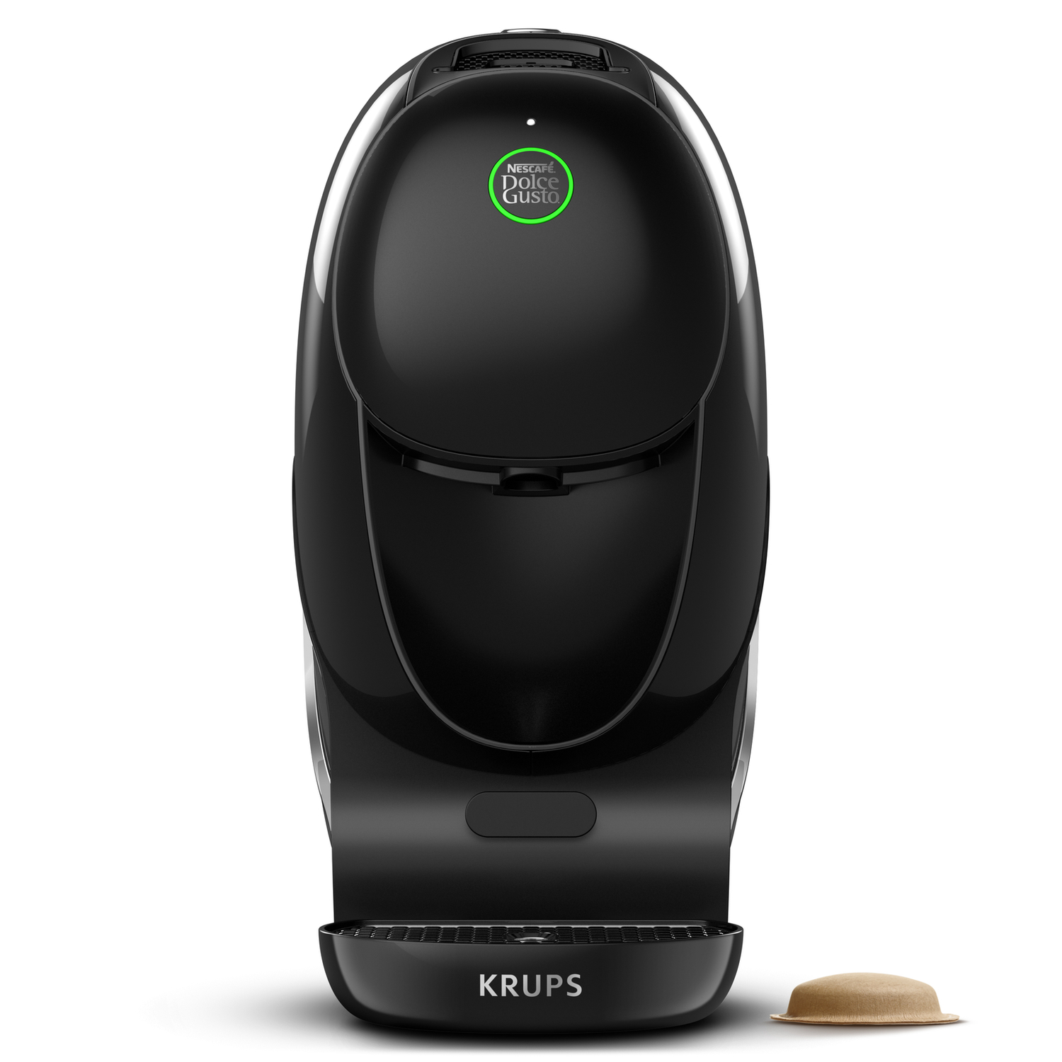 Black Krups Dolce Gusto coffee machine with a coffee pod. White background. The machine has the Dolce Gusto logo.