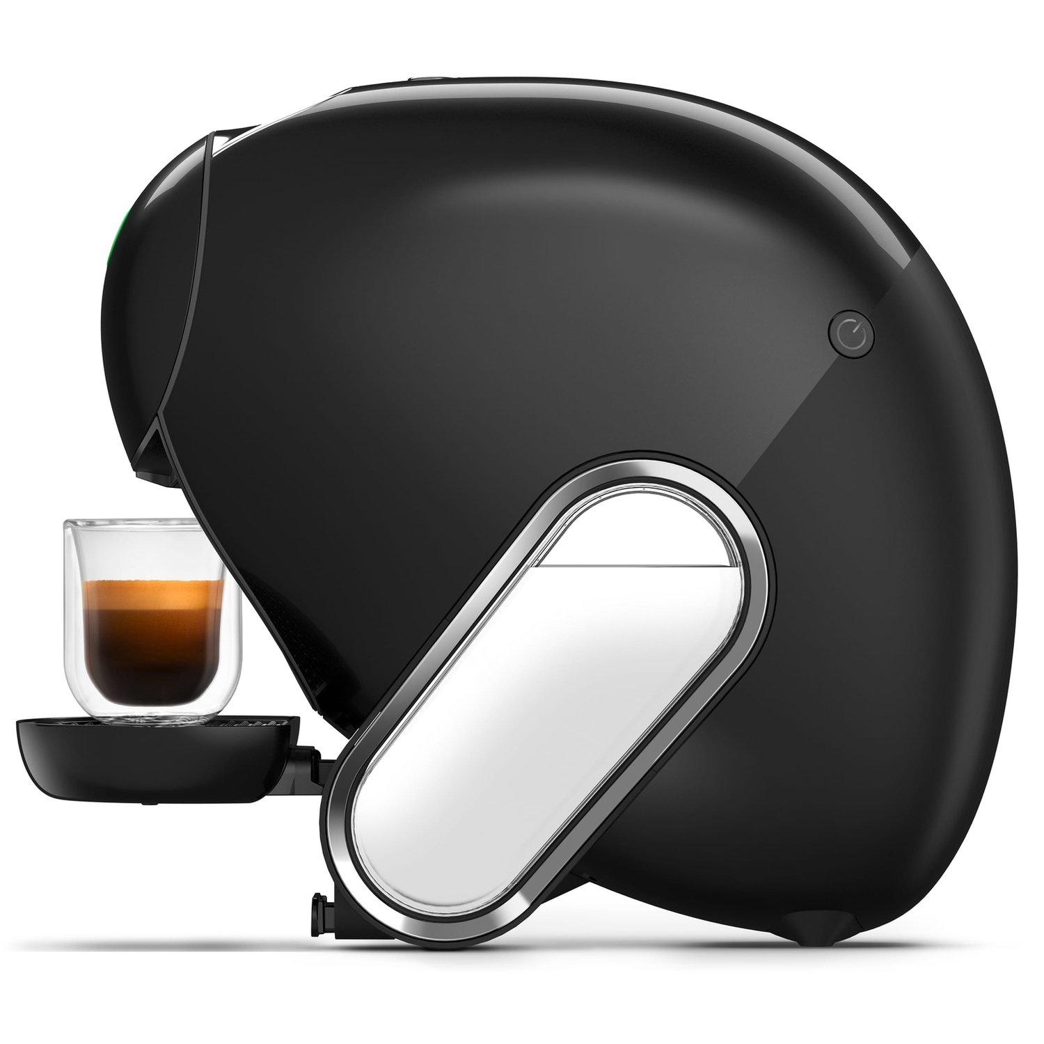 A black coffee machine with a glass cup filled with coffee. It has a silver water tank. The machine is on a white surface.