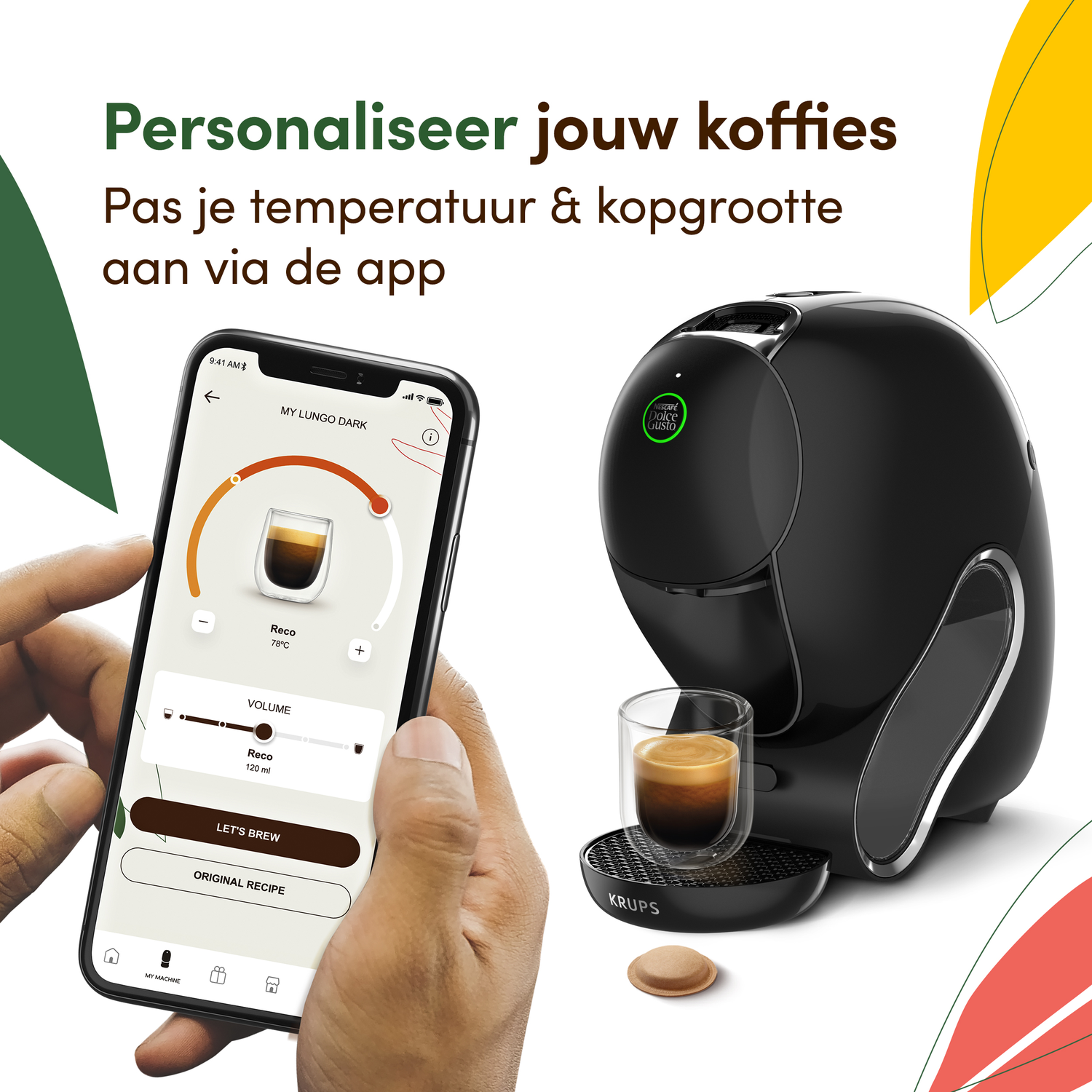 A black coffee machine and a smartphone displaying coffee settings. A hand holds the phone, next to a glass of coffee and a coffee pod.